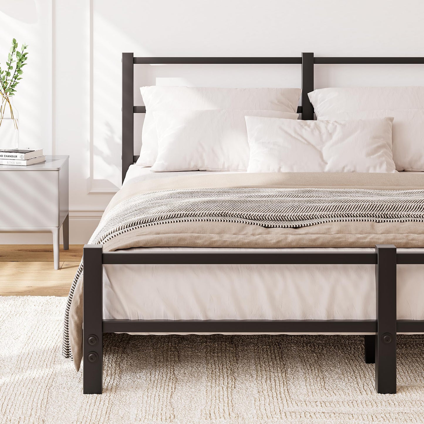 HAHRIR 16cm Low Profile 5ft King Bed Frame with Metal Headboard, Black