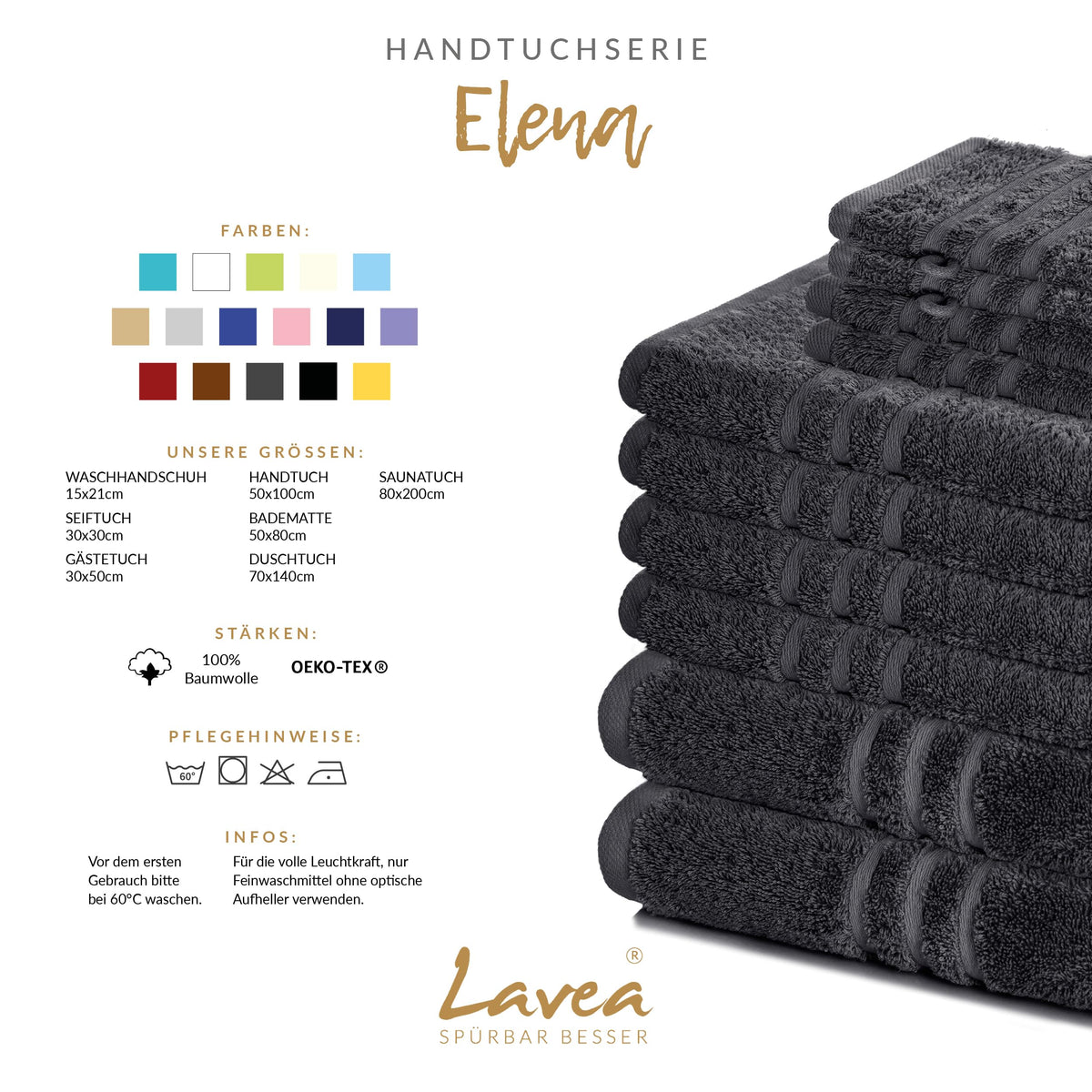 Lavea Set of 2 Bath Towels, 70 x 140 cm, Double Pack, 100% Cotton Terry Towelling, Absorbent, Soft and Durable, Washable at 60 °C, Tumble Dryer-safe