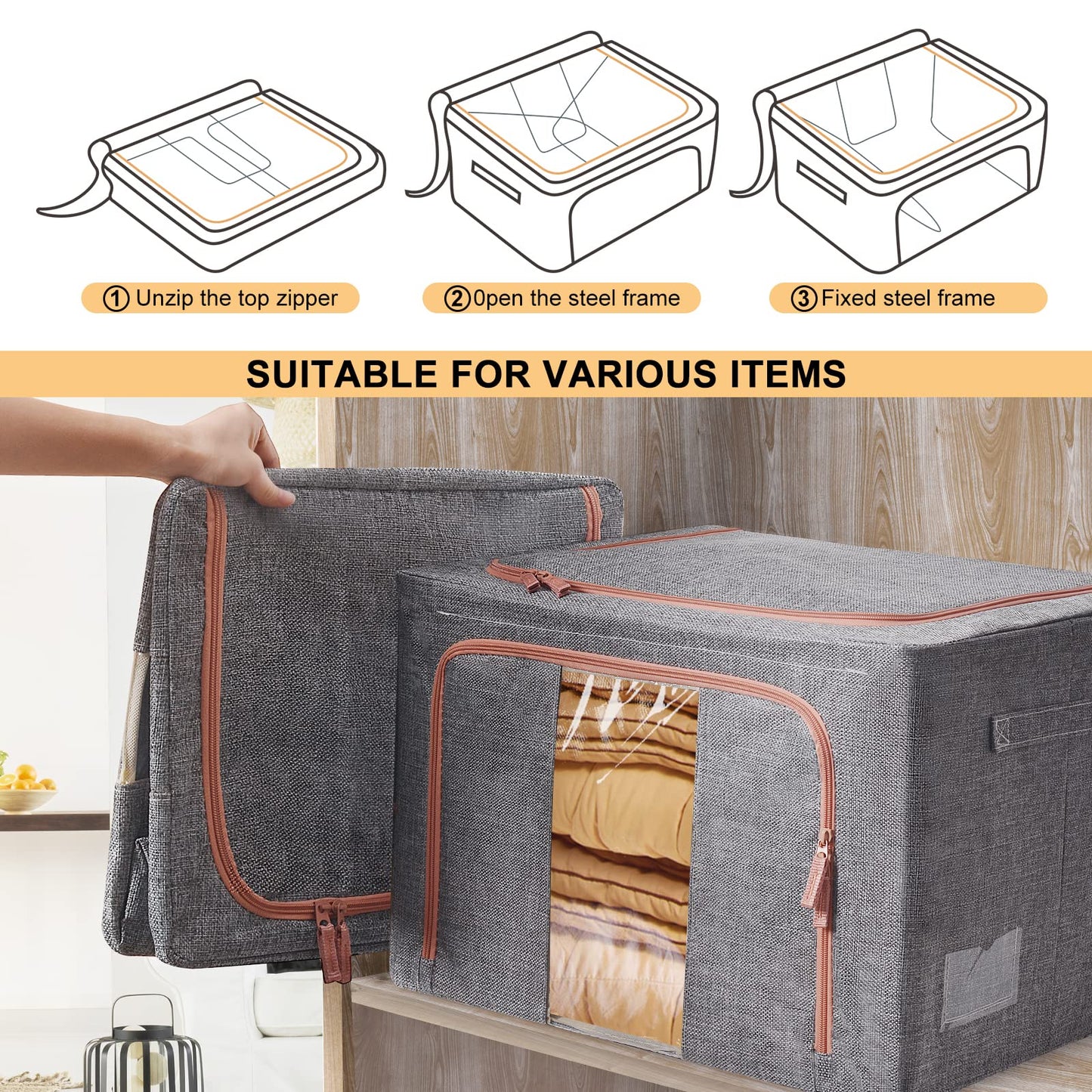 Steel Frame Storage Box, 66L Clothes Storage Bag with Double Opening Zipper,Thick Cotton Linen Protect from Moisture Dust,Perfect for Clothing Toys