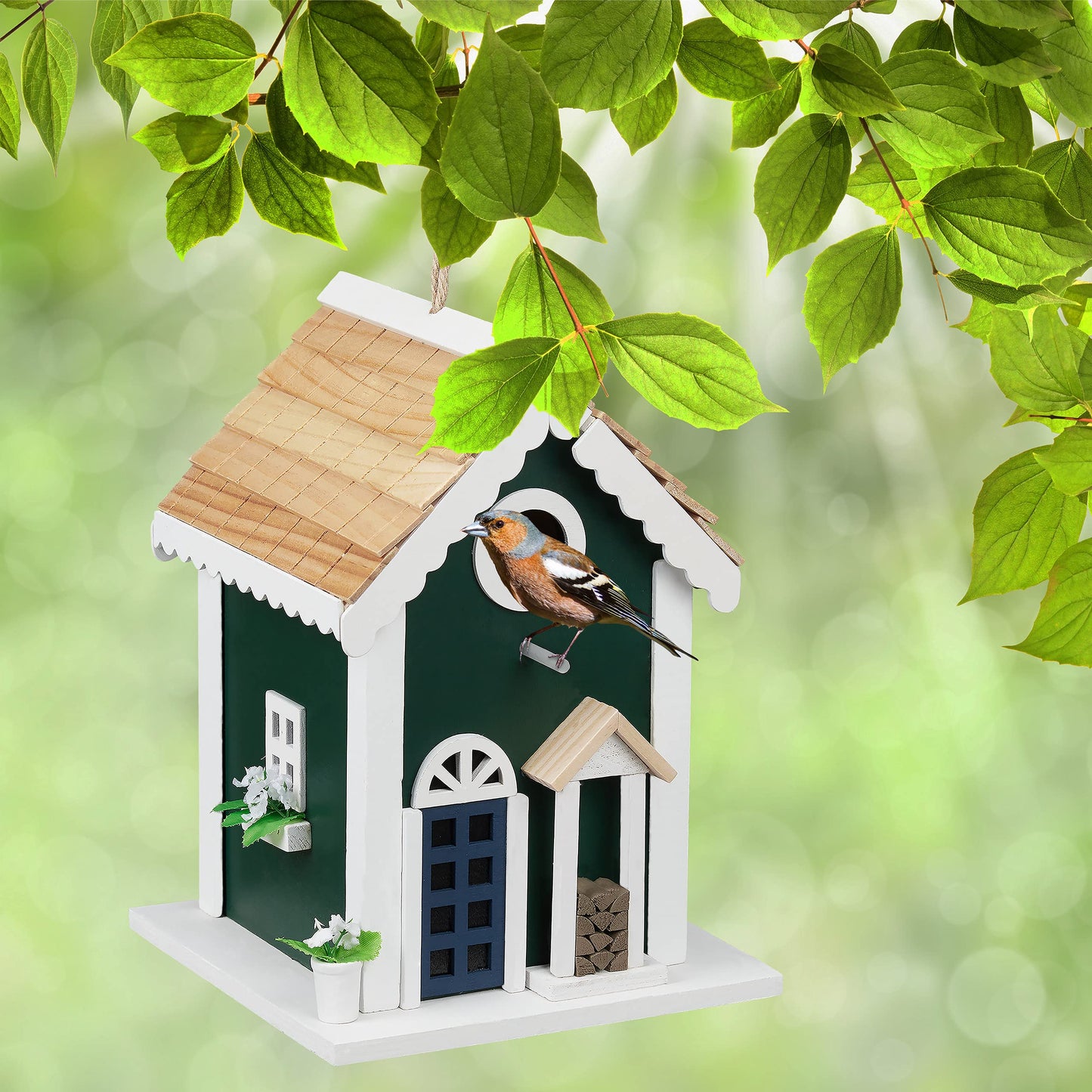 Relaxdays House, Feeding Station for Wild Birds, Hang Up, 18.5x18.5x25.5cm, Wooden Feeder, Colourful, Wood