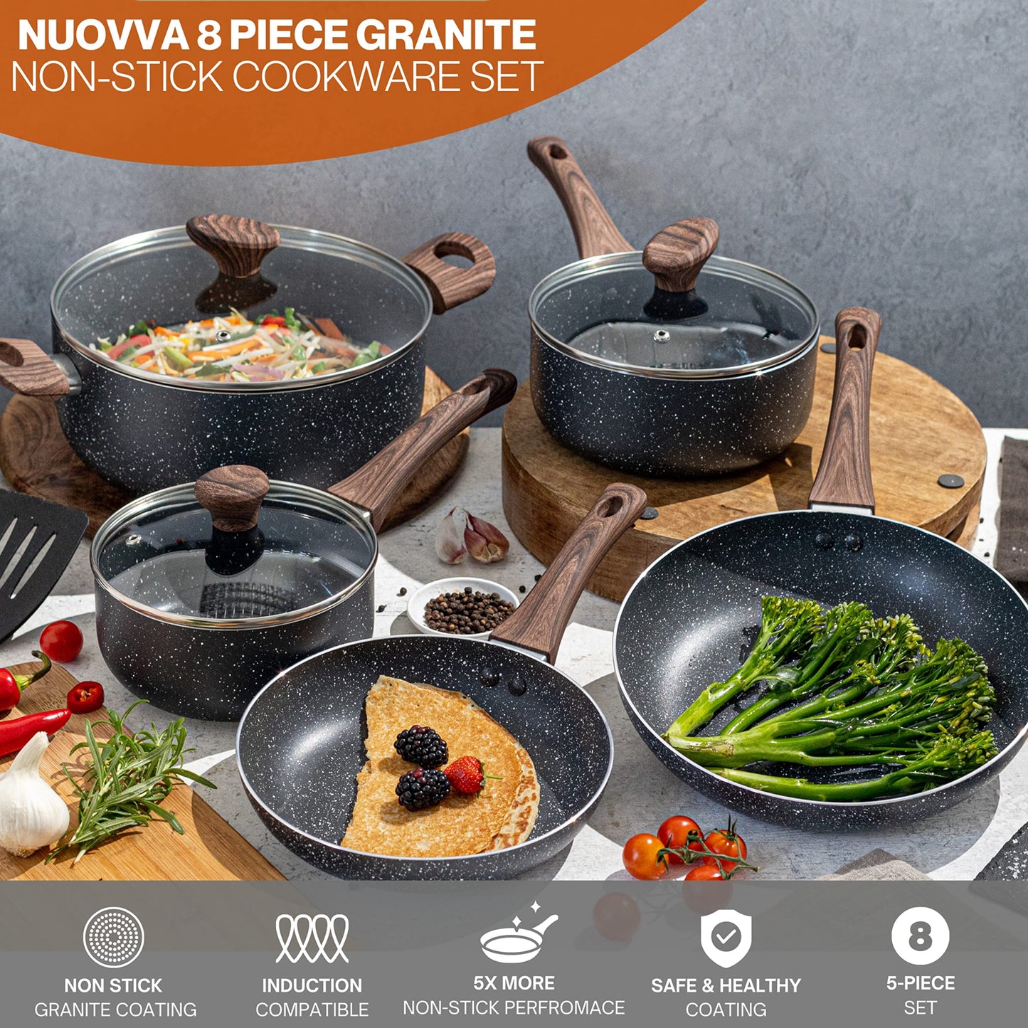 Non Stick Pots and Pans Set  Induction Hob Pot Set  8pcs Kitchen Cookware with Lids  Cooking Marble Saucepan Pots and Frying Pans  by Nuovva