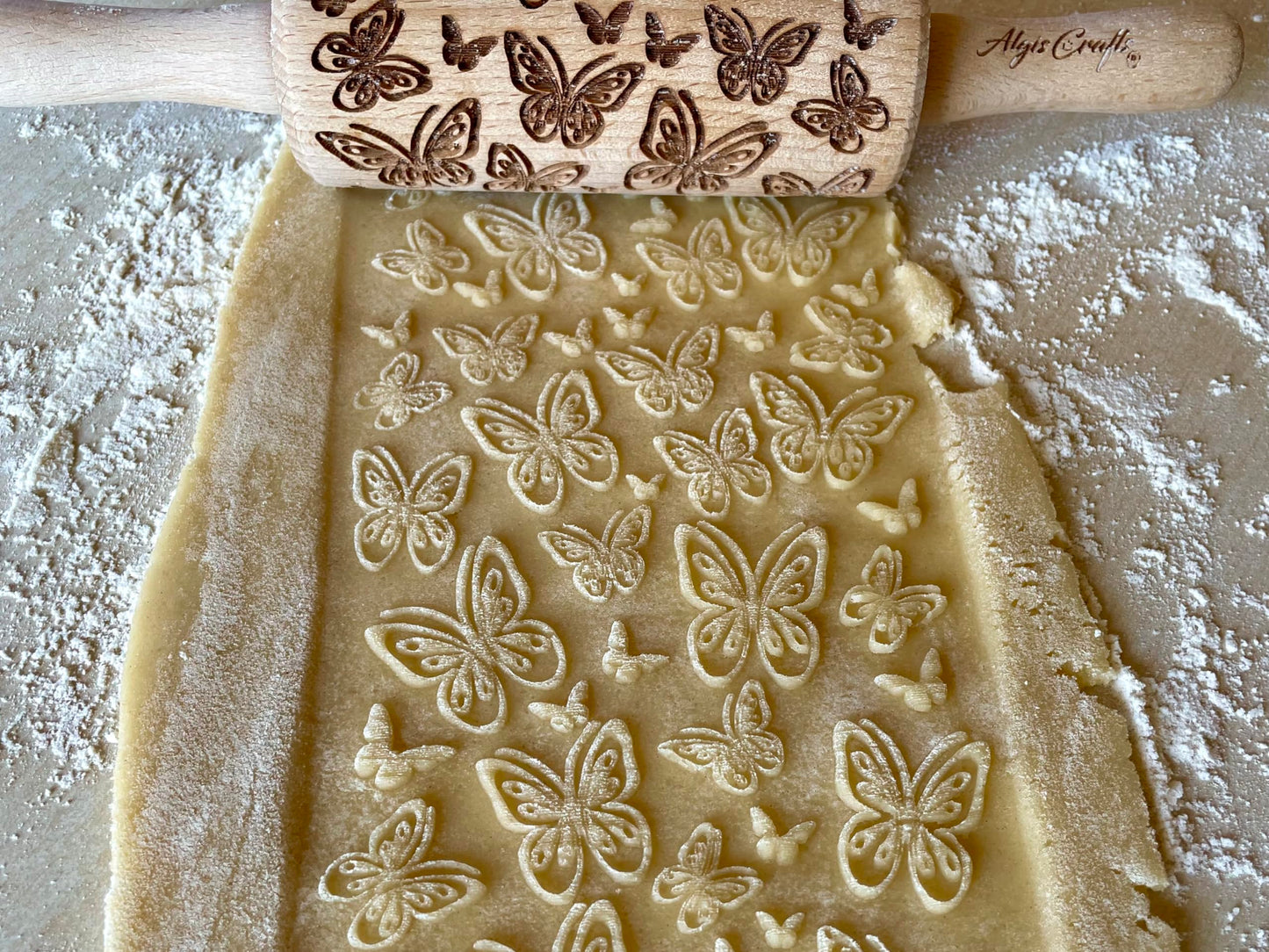 SUMMER 3 KID Rolling Pin SET. Wooden Laser Cut Mini Rolling Pins for cookies, play dough, salt dough or clay Butterfly, Music Flower by Algis Crafts