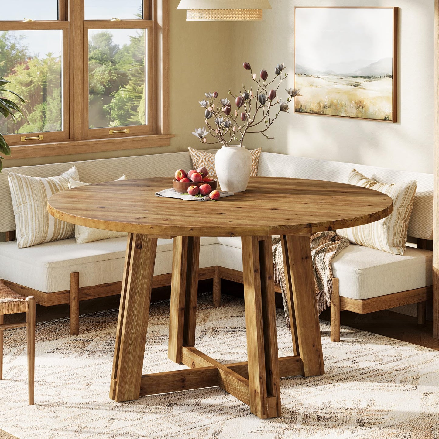 TRIBEWOOD Farmhouse 47.3'' Solid Wood Round Dining Table for 4-6, Cross Base Kitchen Table, Rustic Wooden Dining Room Table