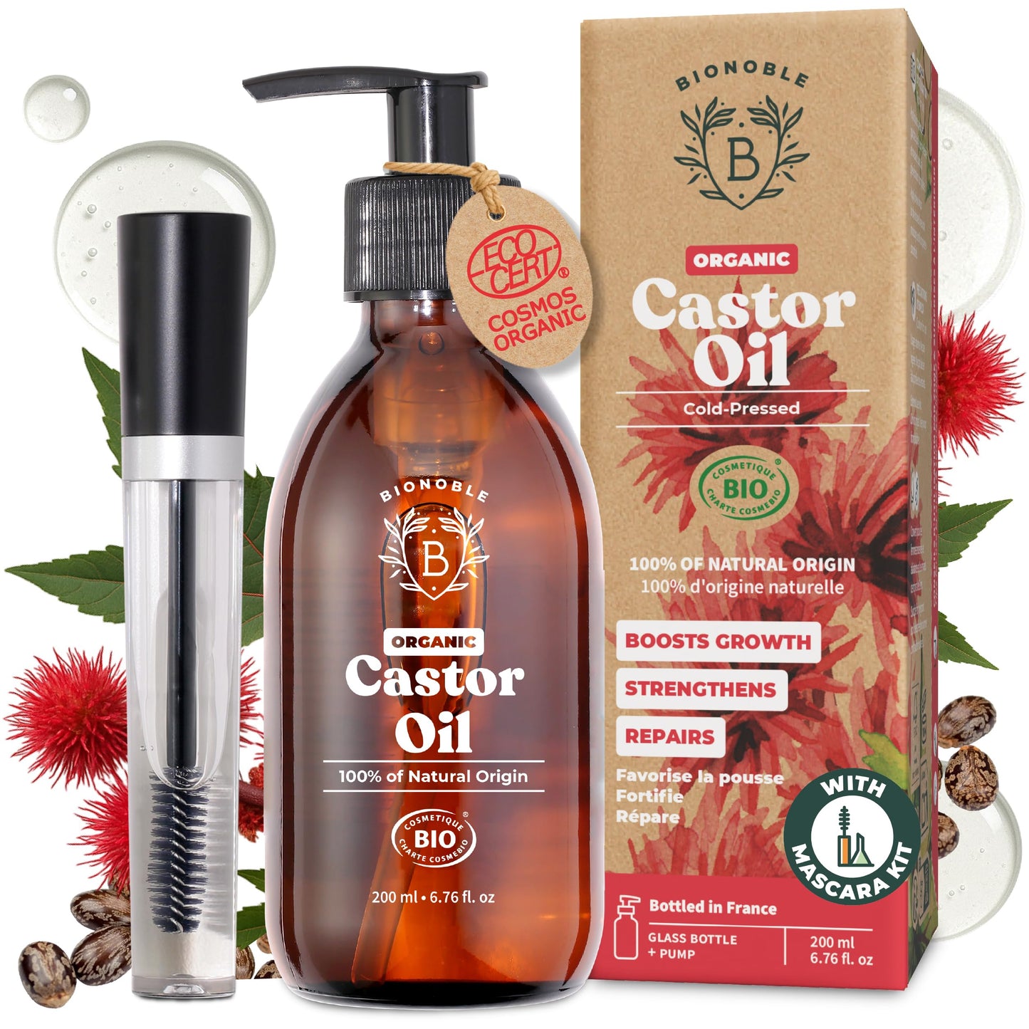 BIONOBLE Organic Castor Oil Cold Pressed + Mascara Kit - Hexane Free, 100% Natural - Pure Castor Oil Organic for Eyelashes, Hair Growth, Eyebrows,