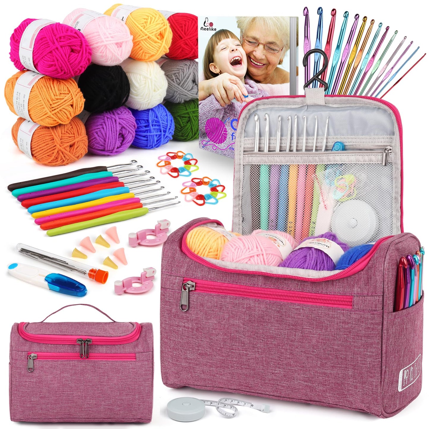 Aeelike Crochet Kit, Crochet Kits for Beginners Adults with Instruction 12Pcs x 25g Yarn Crochet Hooks and Accessories, Crochet Starter Kit for Adults
