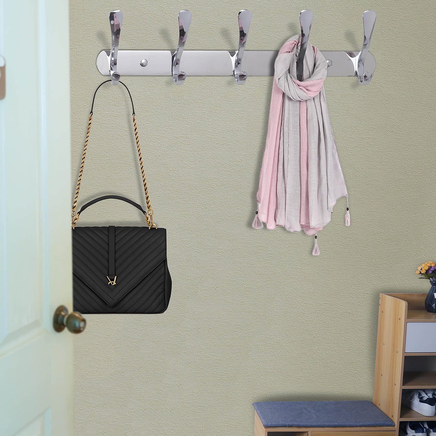 SKOLOO - Wall Mounted Coat Rack with 5 Hooks, Metal Wall Mounted Coat Hanger for Coat Jacket Backpack Coat Silver Hooks Perfect for Entryway, Kitchen