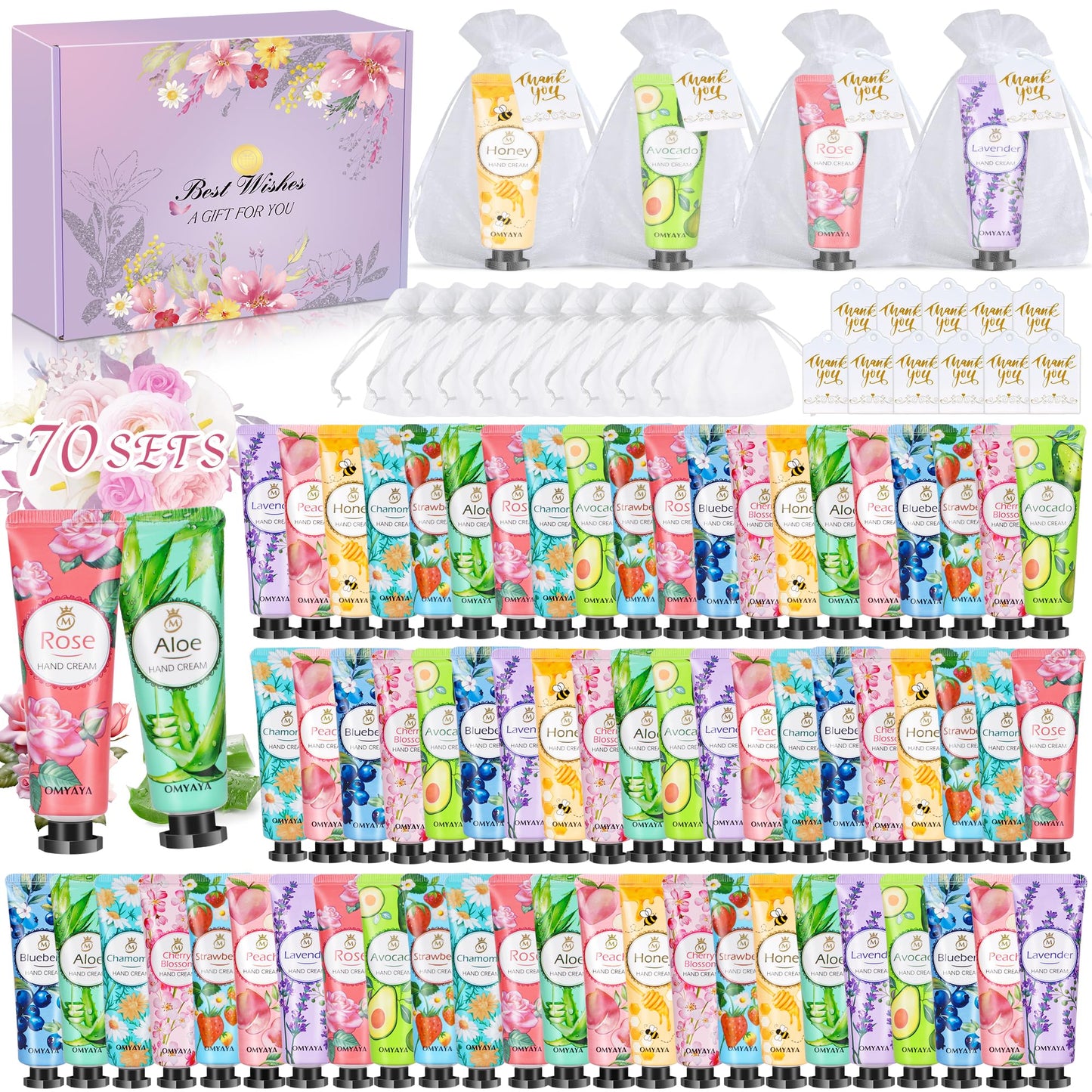 70 SETS Hand Cream Gift Set - 210PCS Christmas Mini Hand Cream for Women, 70 PACK Small Organza Bags & Thank You Cards,Plant Fruit Flavour Daily