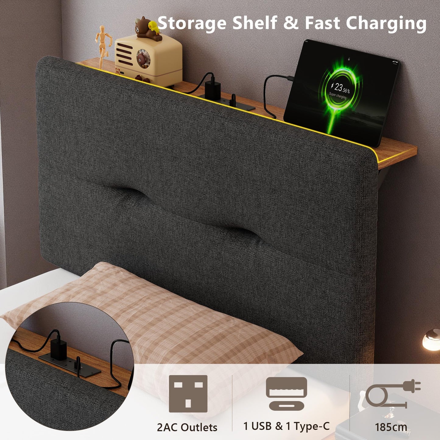 Feonase 3ft Single Bed Frame with Storage Linen Headboard, Upholstered Single beds with Charging Station, Sturdy Wooden Slat Support, Easy Assembly
