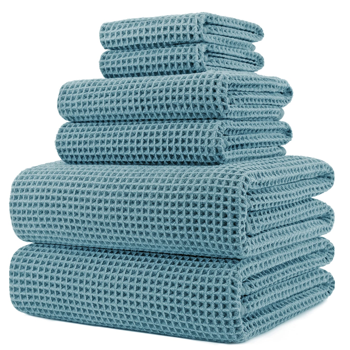 POLYTE Microfibre Oversize, 76 x 152 cm, Quick Dry Lint Free Bath Towel Set, 6 Piece (Green, Waffle Weave)