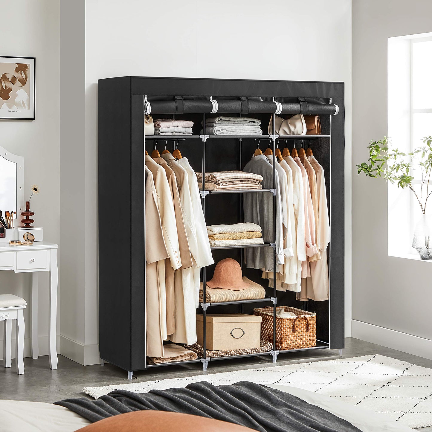 SONGMICS RYG12B Folding Wardrobe, Fabric Cabinet, Foldable Coat Rack with 2 Clothes Rails, 175 x 150 x 45 cm, Black, Canvas