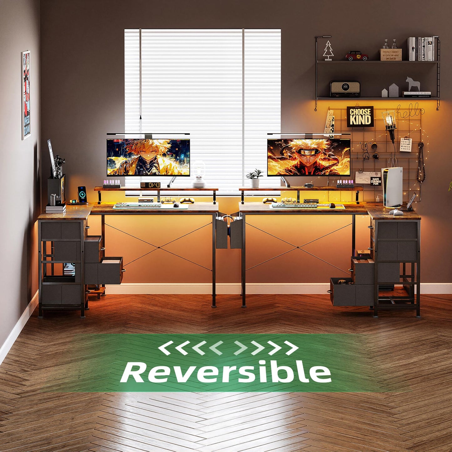 VERMESS Corner Desk with 4 Drawers, L Shaped Computer Desk with LED Lights & Power Outlets