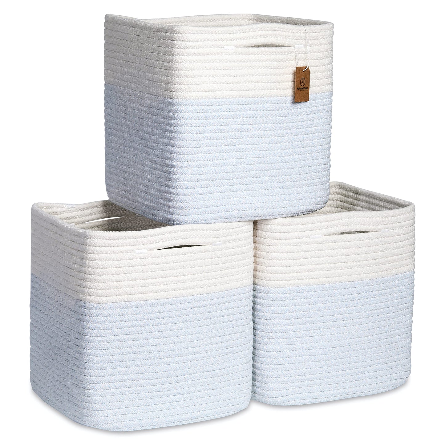 NaturalCozy Storage Cubes 11 Inch Cotton Rope Woven Baskets for Organizing, 3-Pack | Cube Storage Bin | Square Storage Baskets for Shelves Organizer