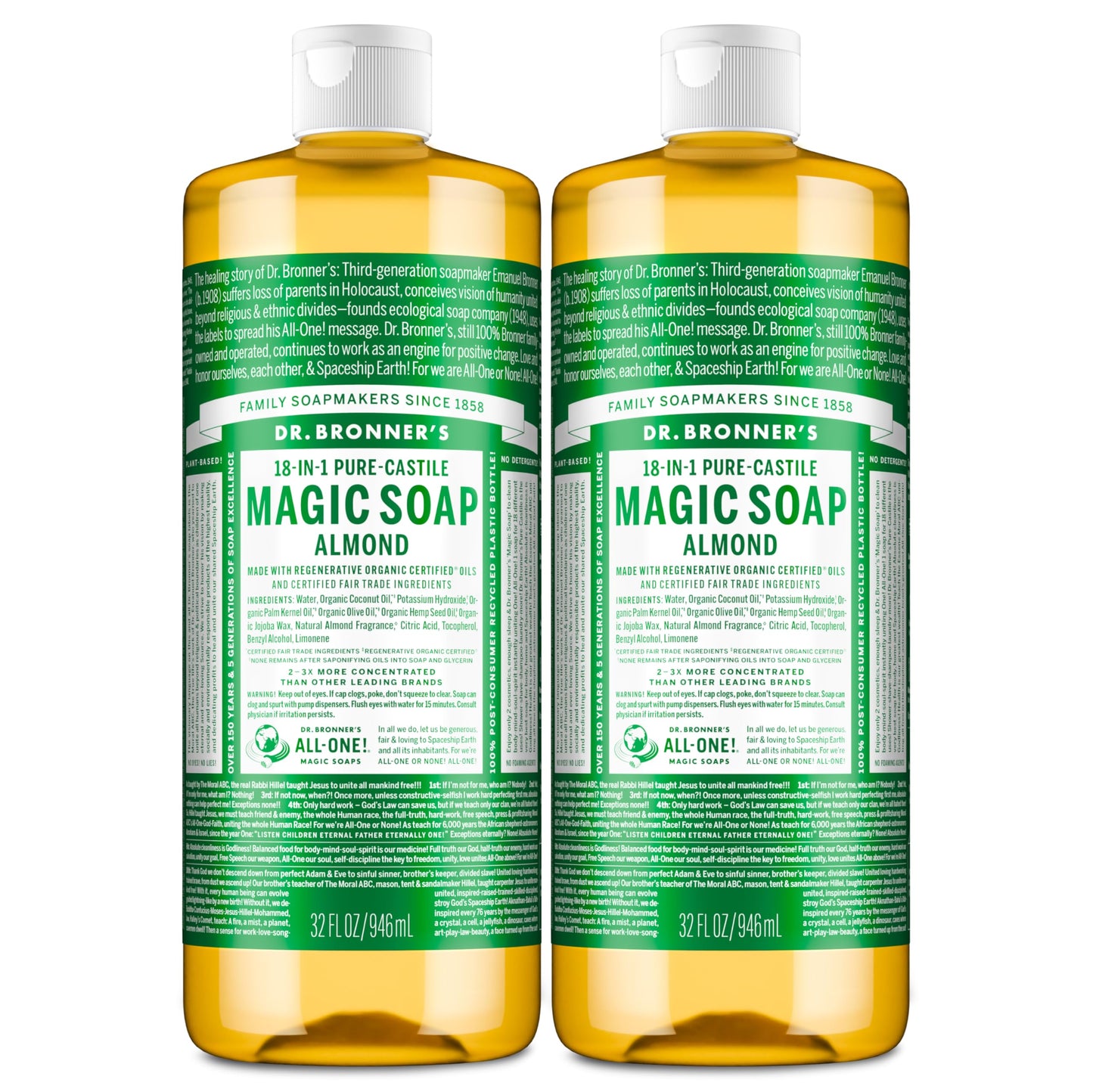 Dr Bronner's Organic Almond Castile Liquid Soap, 946 ml - Pack of 2