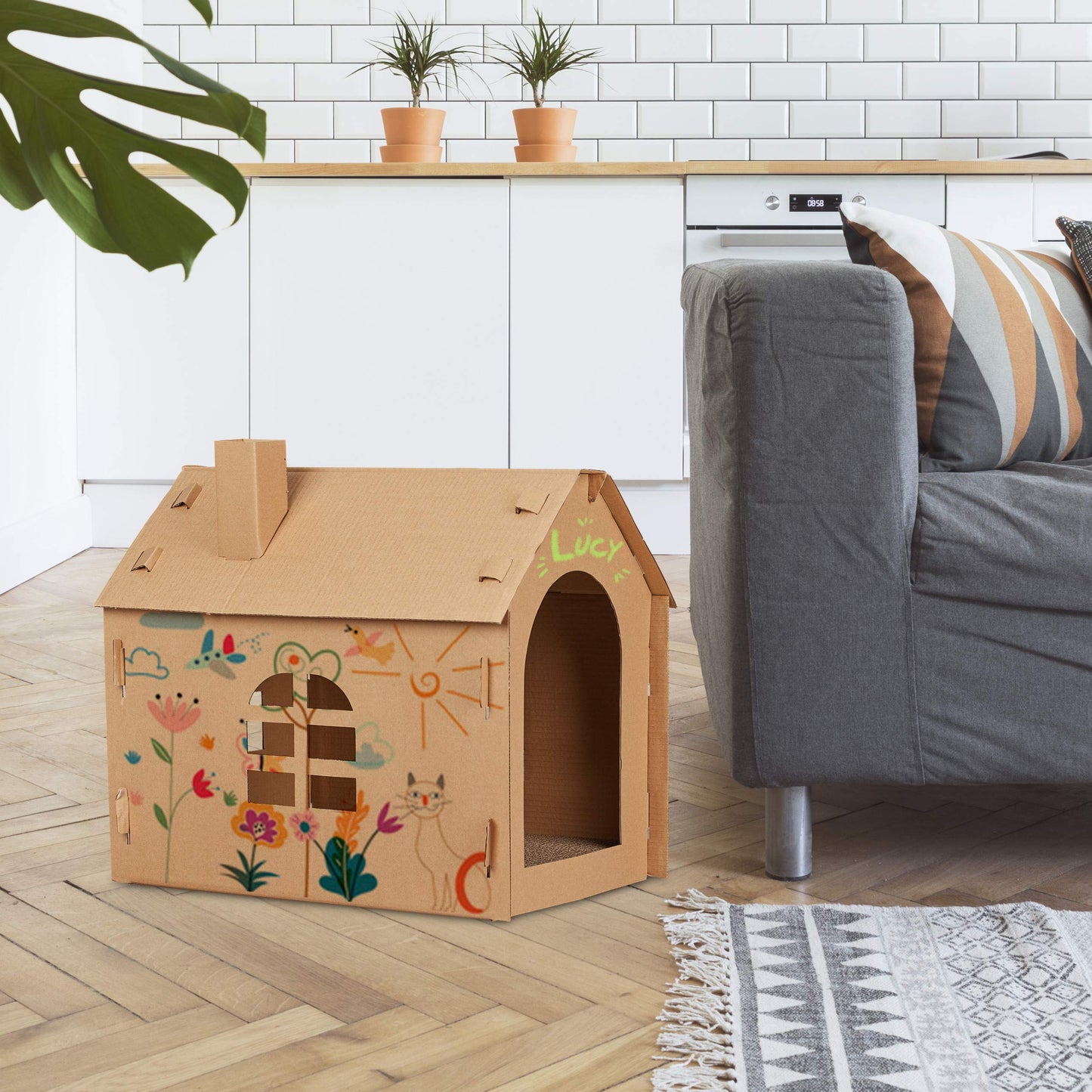 Relaxdays Cat House Cardboard, Kitten Cave Scratching Board, Easy Assembly, Incl. Catnip, 46 x 36.5 x 42.5 cm, Brown