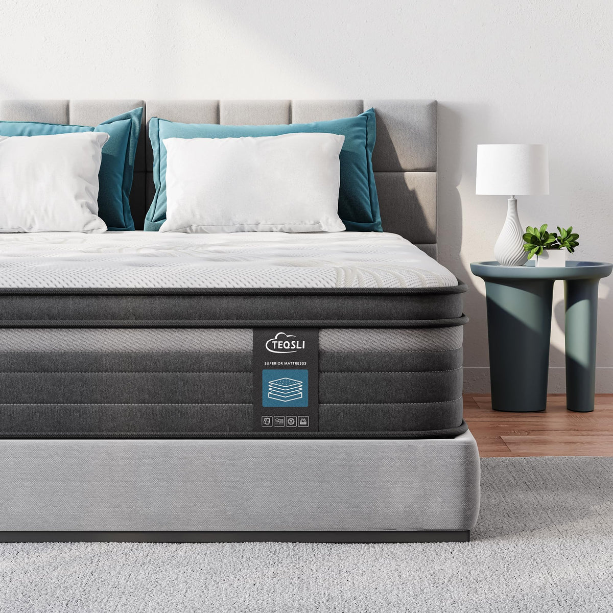 TeQsli Individually Pocket Sprung Double Mattress 4FT6 with Soft Fabric, 10 Inch Hybrid Mattress Double for Pressure & Back Pain Relief