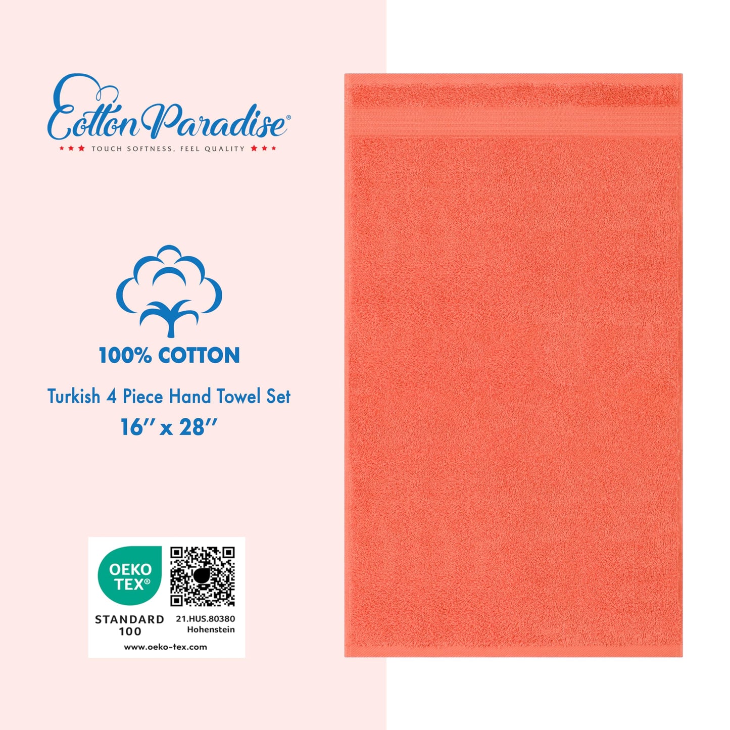 Cotton Paradise Hand Towels for Bathroom, 100% Cotton Turkish 4 Piece Hand Towel Set, Soft Absorbent Face Towels Clearance Set, Coral Hand Towels