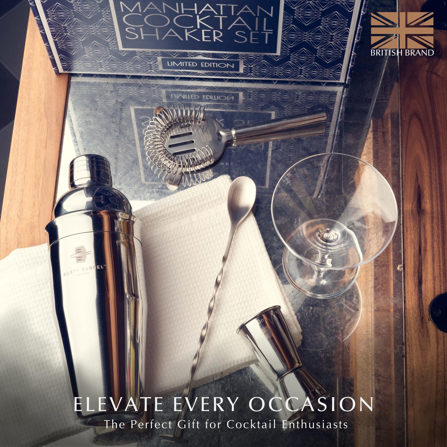 Rusty Barrel Manhattan *Limited Edition* Cocktail Making Set - Manhattan Style Stainless Steel Shaker, Muddler, Strainer, Bar Measure, Pourer, Spoon &