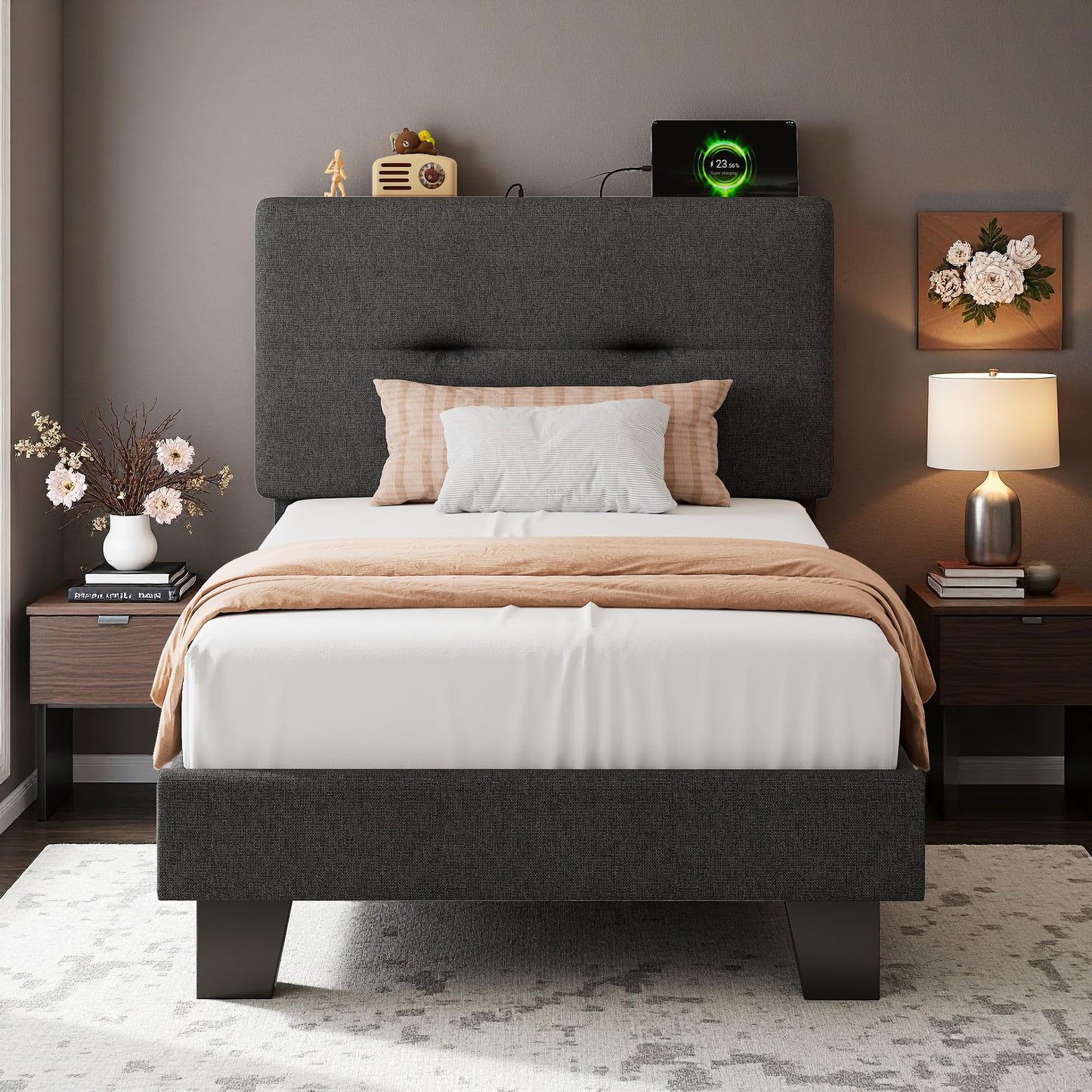 Feonase 3ft Single Bed Frame with Storage Linen Headboard, Upholstered Single beds with Charging Station, Sturdy Wooden Slat Support, Easy Assembly