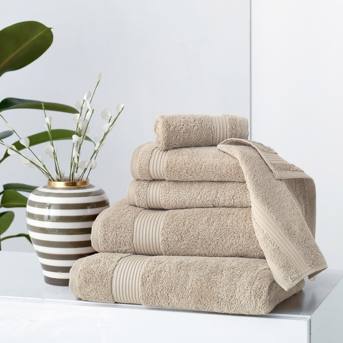 BERIBO Turkish Towel Set 100% Cotton (Serenity) 6 Pieces, 620gsm (Brown Rice)