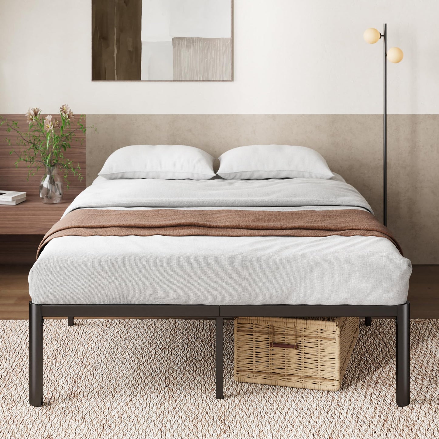 Zinus Van Double Bed frame - Bed 135x190 cm - 41 cm Height with Underbed storage - Metal Platform Bed frame with Steel slat support - Black