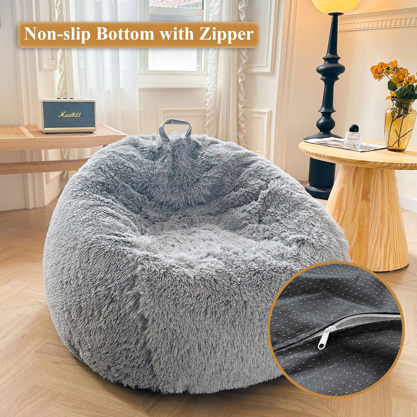 XeGe Faux Fur Stuffed Animal Storage Bean Bag Cover(No Filler), Light Grey