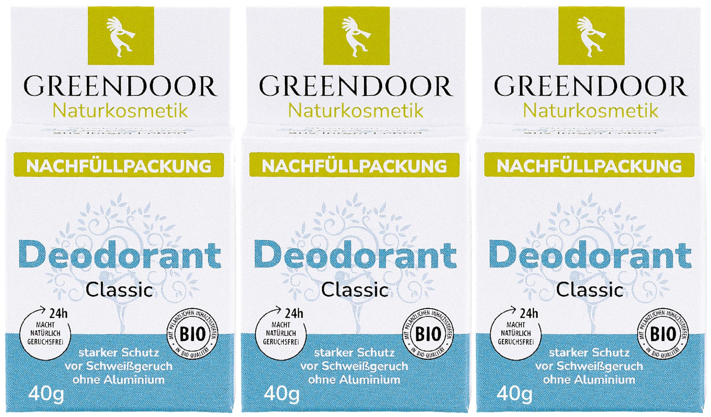 GREENDOOR Deodorant Refill System, 3 x 40 g Refills Classic, Refillable Solid Deodorant without Aluminium, Safe Strong Protection, Vegan, Subtle