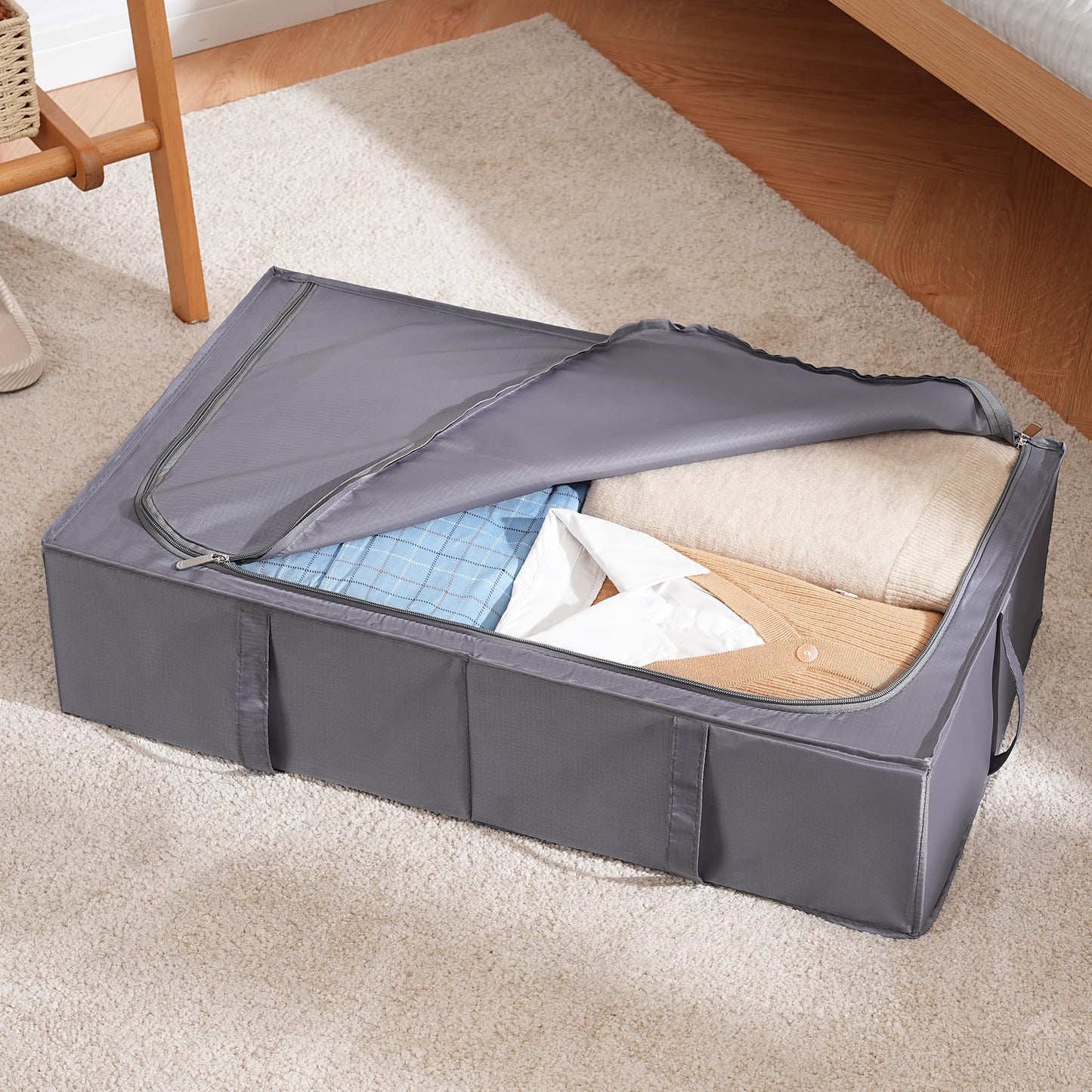 TYEERS Under Bed Storage Box with Lid, Durable Fabric, Washable, Collapsible, Under Bed Storage for Clothes, Blankets, Sheets, Shoes, 70x42x18 cm