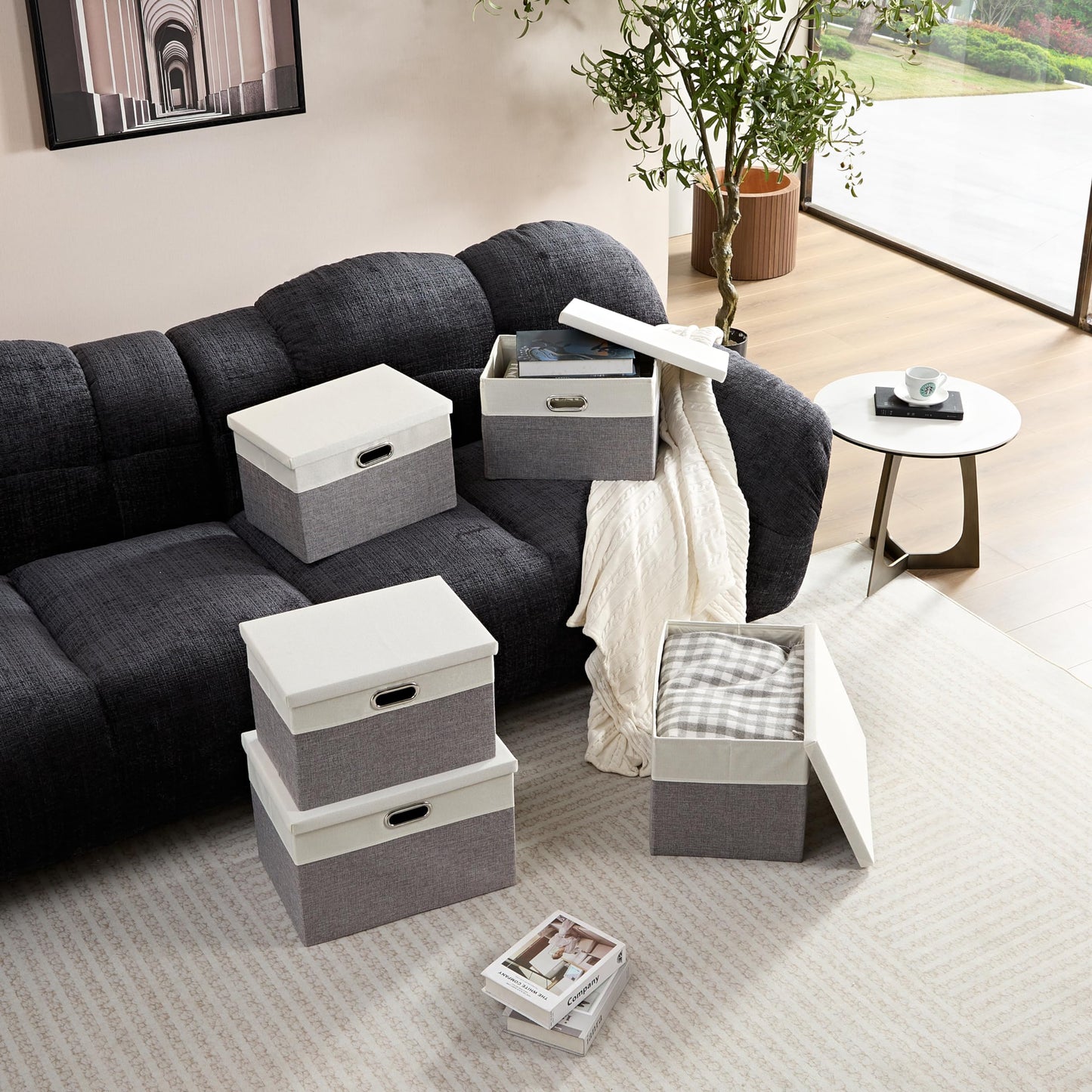 AlphaHome Storage Boxes with Lids, Glaucous Grey and White(3 Pack, XLarge)