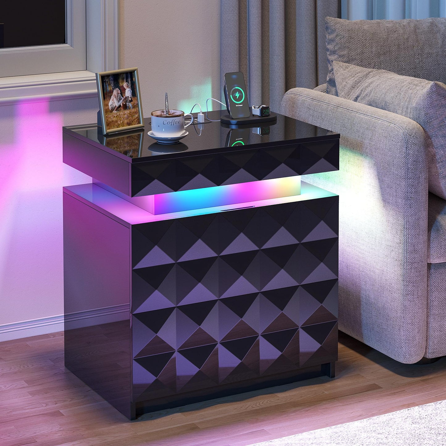 FREDEES RGB Bedside Table with Hidden Drawer for Bedroom, Black