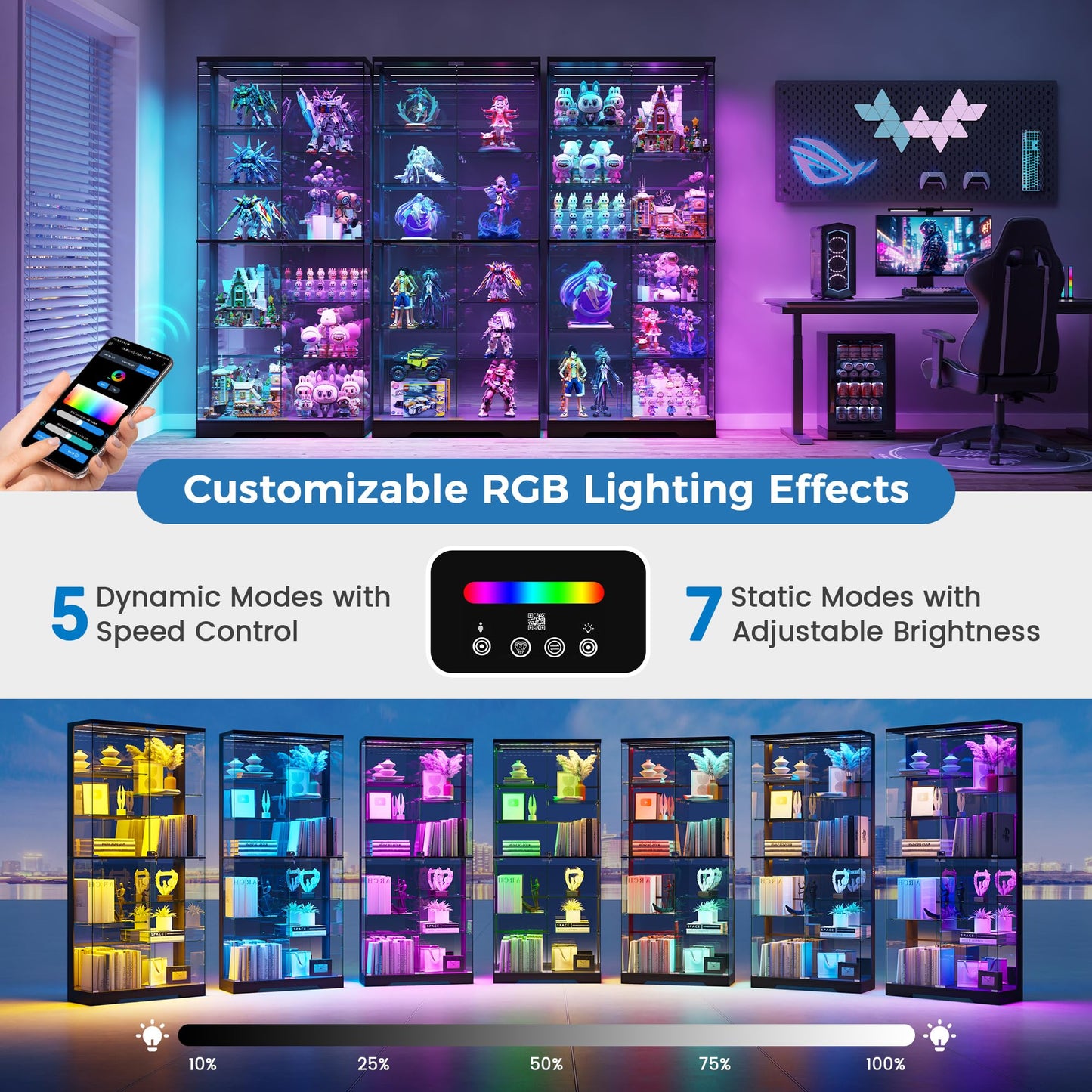 10-Tier Display Cabinets with RGB Lights Human Sensor for Collectibles