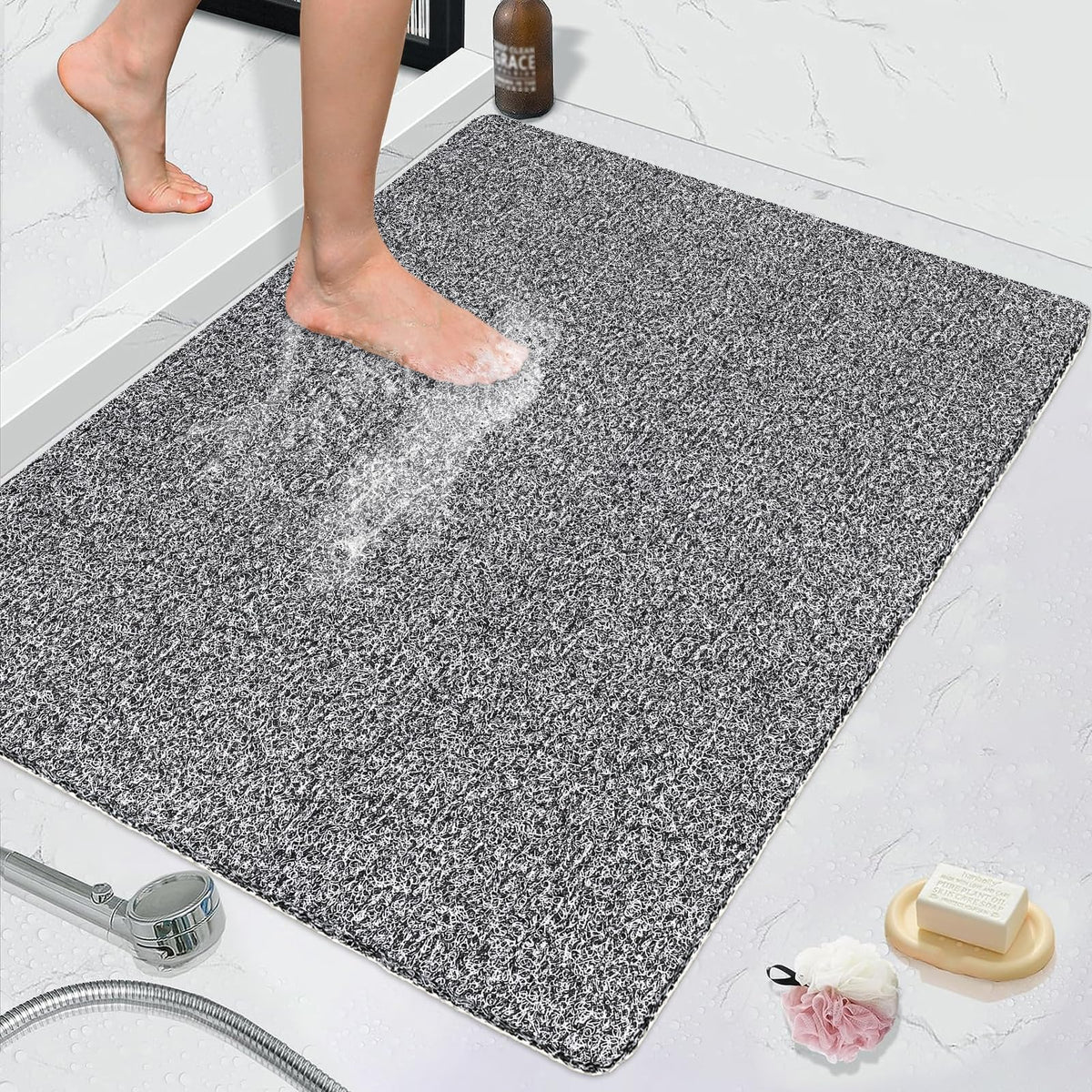 Shower Mat Bath Mat Non Slip Anti Mould Bathroom Bath Mat for Inside Bath, Soft PVC Loofah Shower Mat for Inside Shower (Black&White, 80 x 100 cm)
