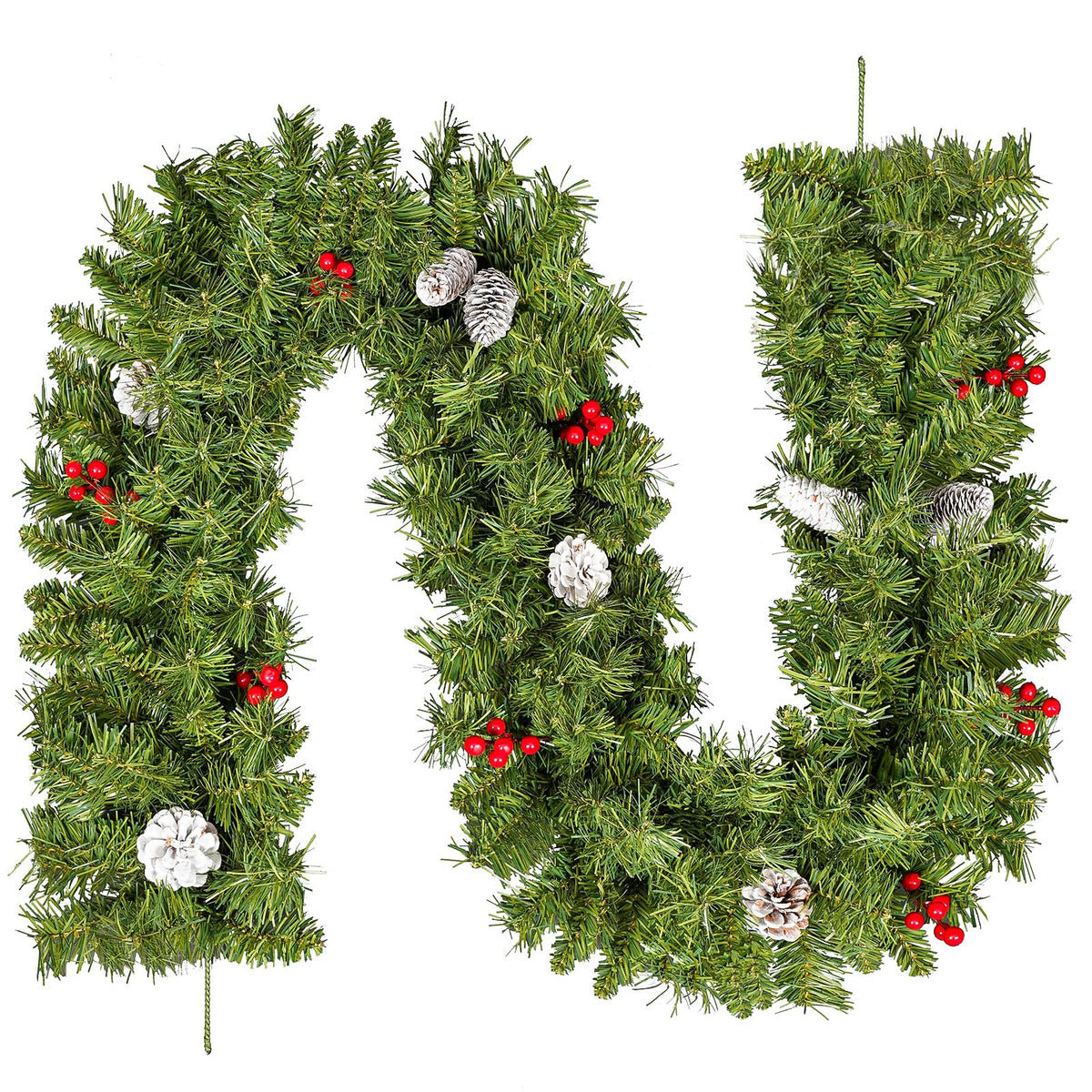 9FT/2.7m Christmas Garland, Uten Fireplace Garland Christmas, Realistic Green Christmas Garland with Pine Cones Red Berries Garland Decorations for
