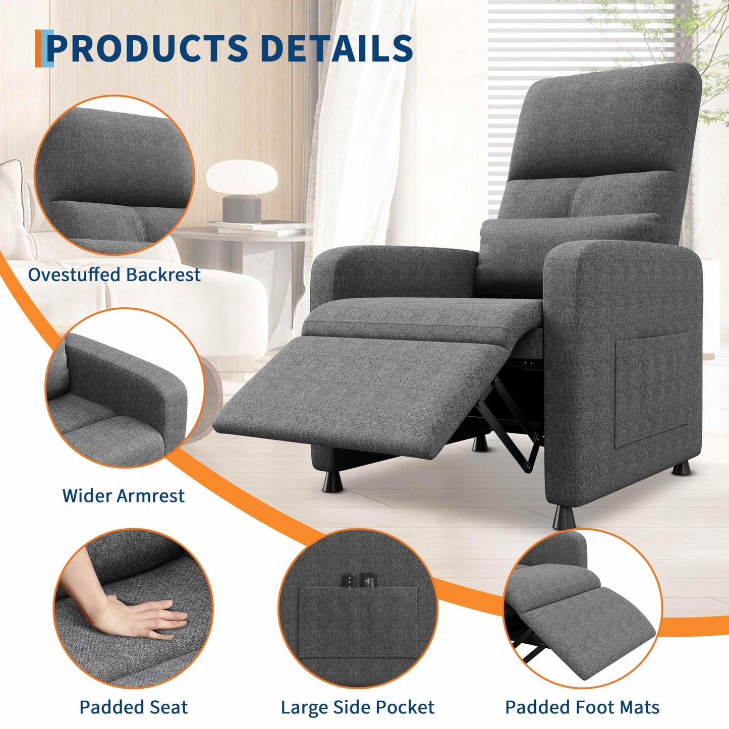 GarveeHome Recliner Chair Reclining Sofa with Massage & Heat(Grey)