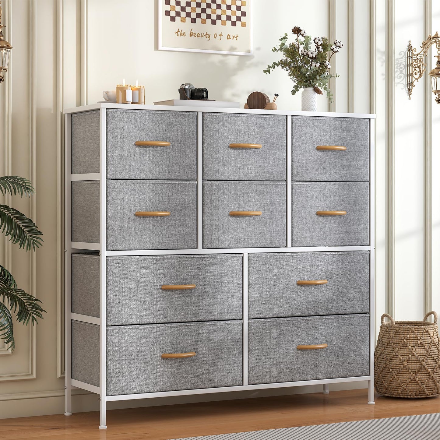 GoaHi Chest of Drawers, Large Dressers with Metal Frame and MDF Wooden Top Board, Adjustable Feet, Anti-Tip Safety
