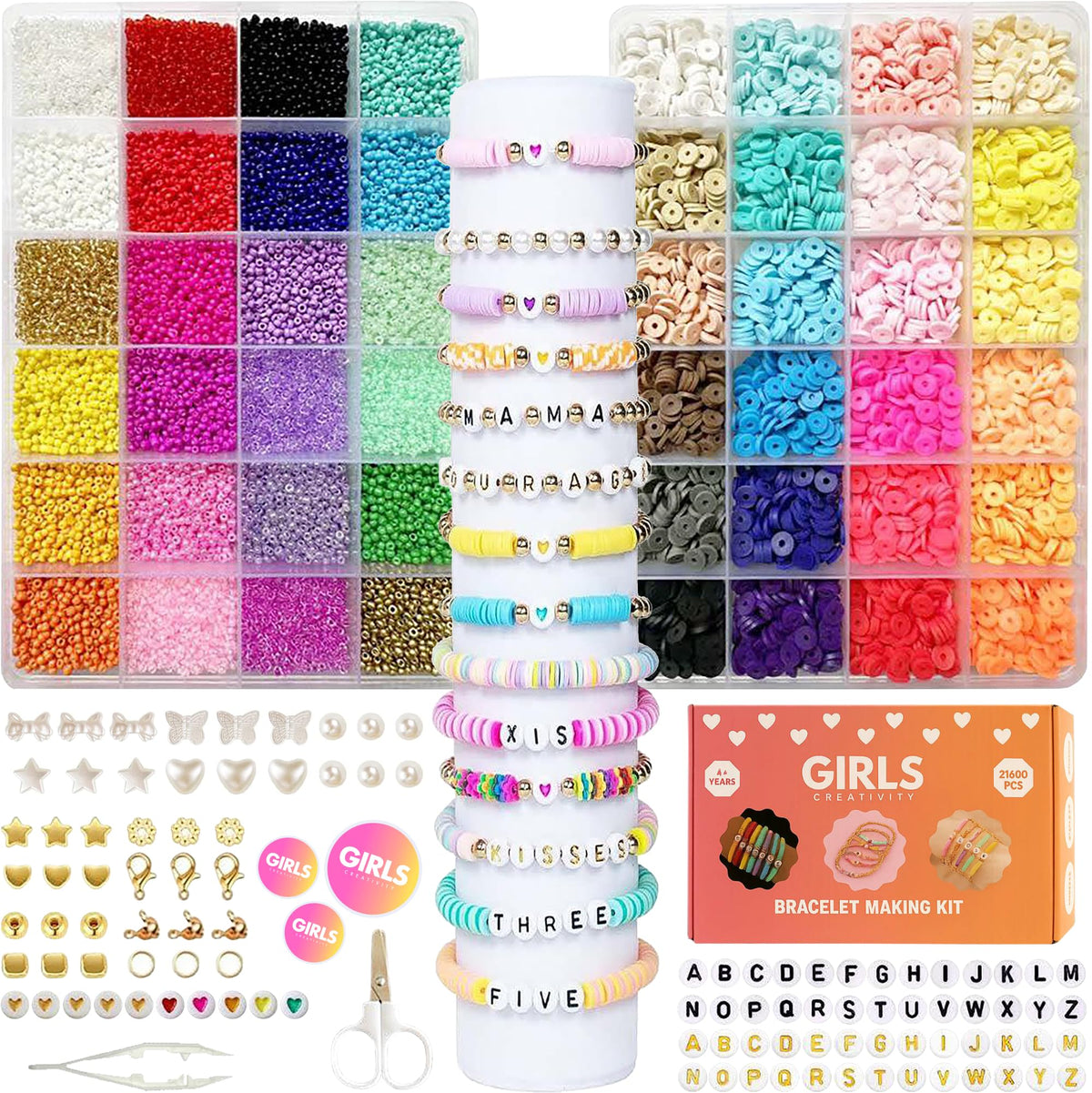 GIRLS CREATIVITY 21600 Clay Beads & Acrylic Beads Bracelet Making Kit Polymer Clay Beads for Jewellery Making DIY Bracelet Necklace Kit with Letters,