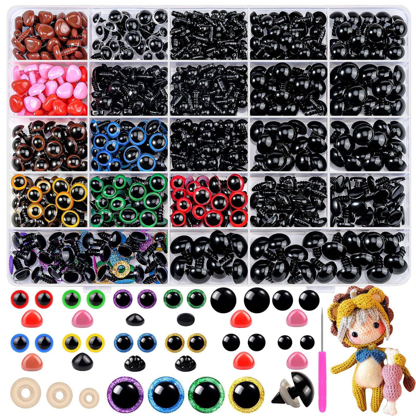 WIURGOHA 1100PCS Safety Eyes and Noses, Amigurumi Safety Eyes for Crocheting, Colorful Doll Crochet Eyes with Washers for Plush Animal, Crochet Toy,