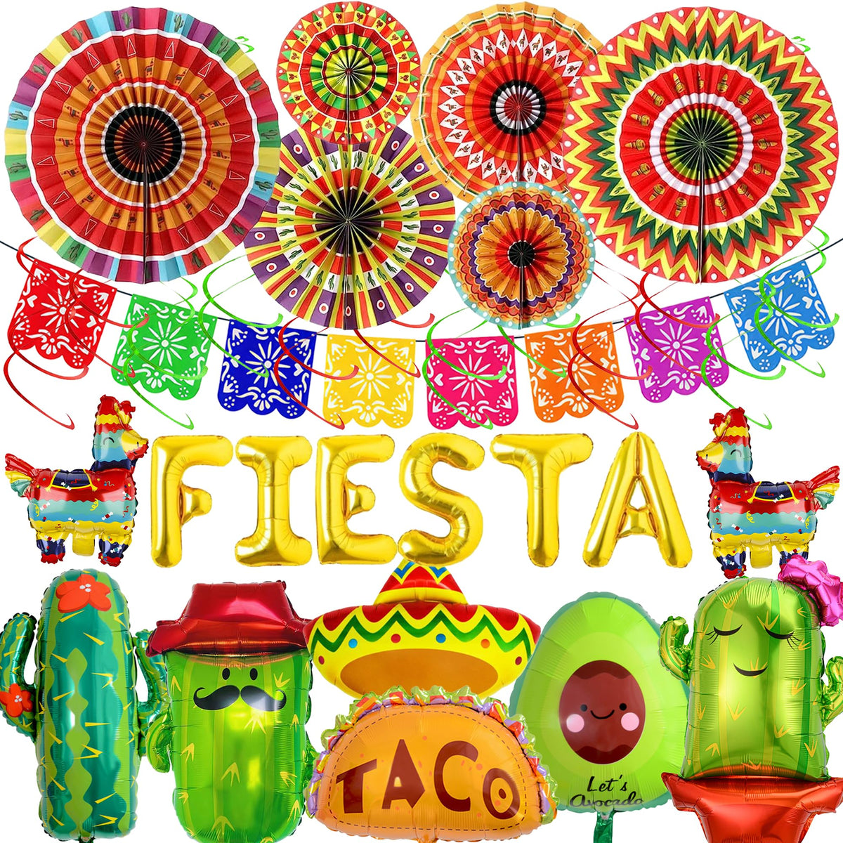 Mexican Party Decorations Fiesta Banner - 33 Pcs Balloons Multicoloured Papar Fans Cactus Mexican Hat Burrito Hanging Swirls For Fiesta Theme Cinco De