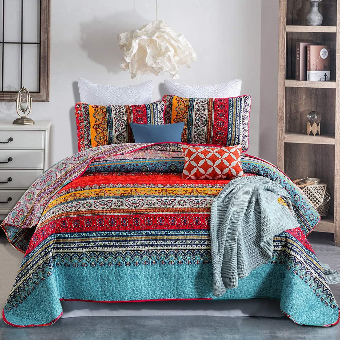 WONGS BEDDING King Size Reversible Bohemian Bedspread with 2 Pillowcases Boho Striped Bedspread Coverlet for All Season Soft Microfiber Quilt