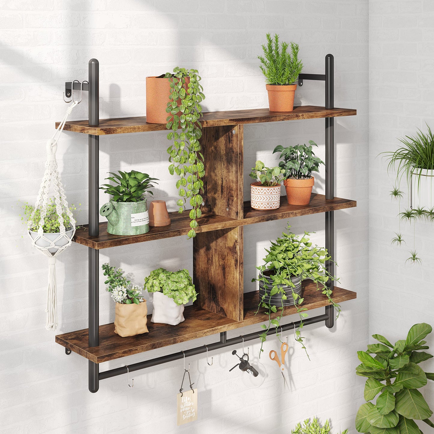 Bestier 3 Tier Floating Pipe Shelving 115CM Industrial Wall Mounted Ladder Shelf Hanging with Circular Tube with Hooks Wood Display Storage Home Decor