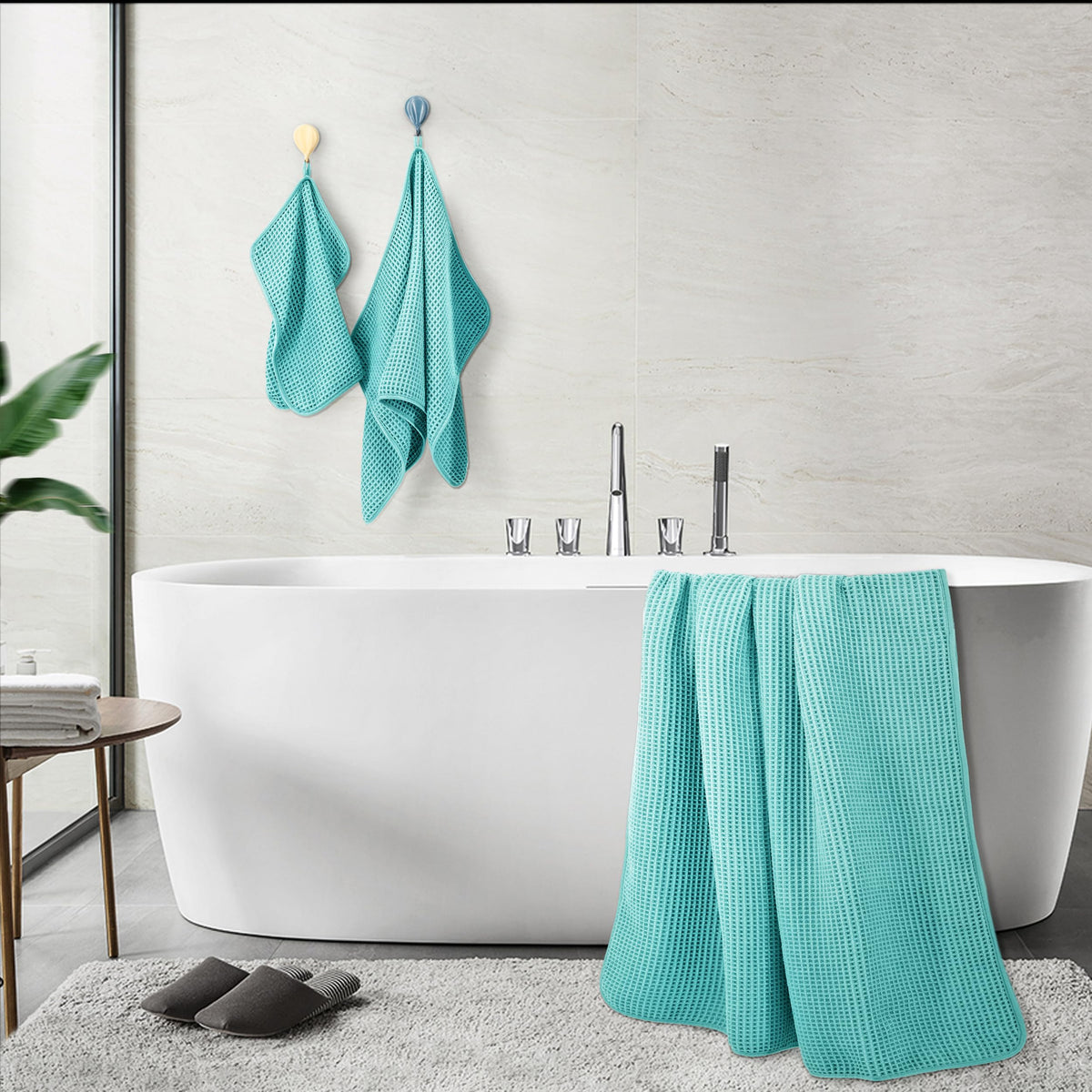 POLYTE Microfibre Oversize, 76 x 152 cm, Quick Dry Lint Free Bath Towel Set, 6 Piece (Aqua, Waffle Weave)
