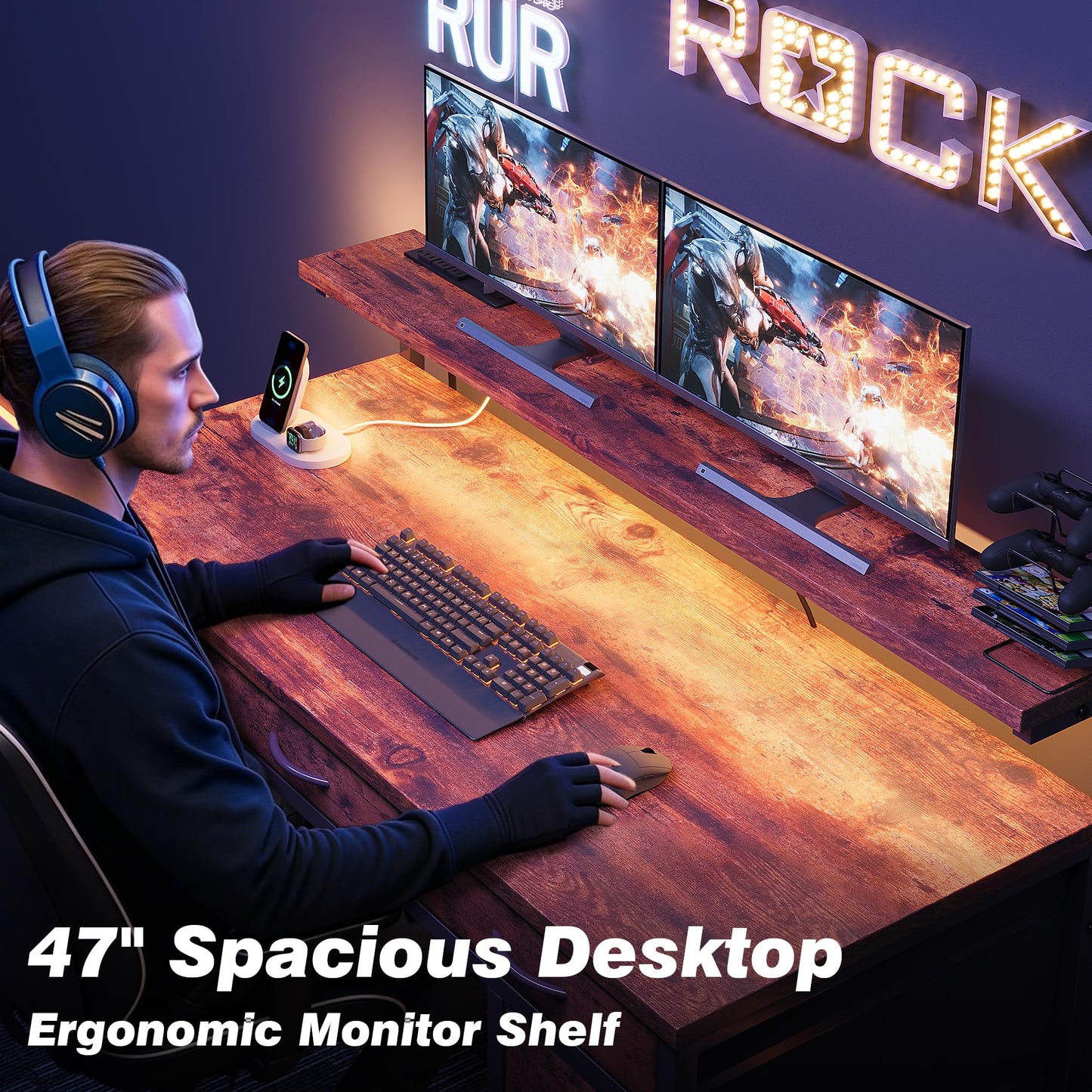 Flrrtenv Computer Desk with 9 Drawers & LED, 120cm Home Office Desk with Storage & Power Outlets USB Type-C