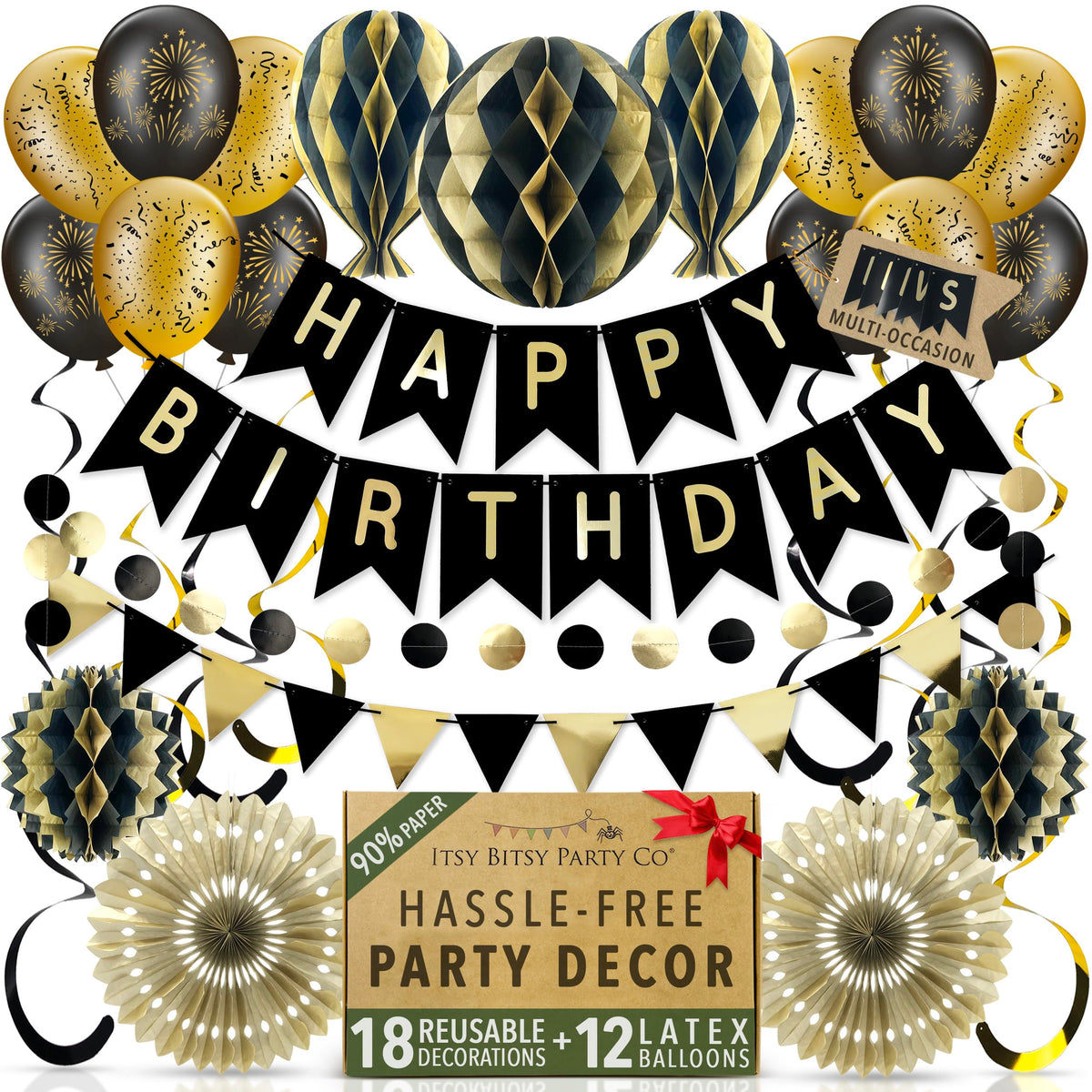 Premium Reusable Birthday Decorations - Multi-occasion Happy Birthday Banner also spells Party Day + more, Fast Assembly with Velcro - Black and Gold