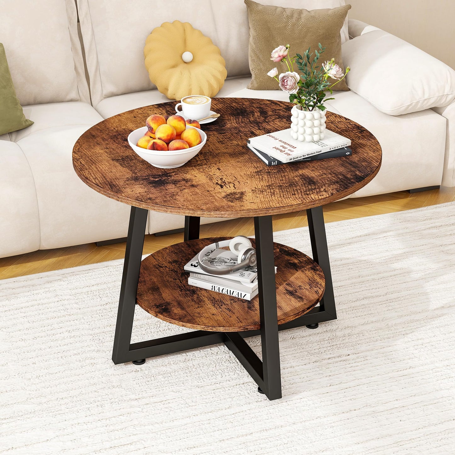 FOUBAM Round Coffee Table with Storage,Metal Small Coffee Table,Brown