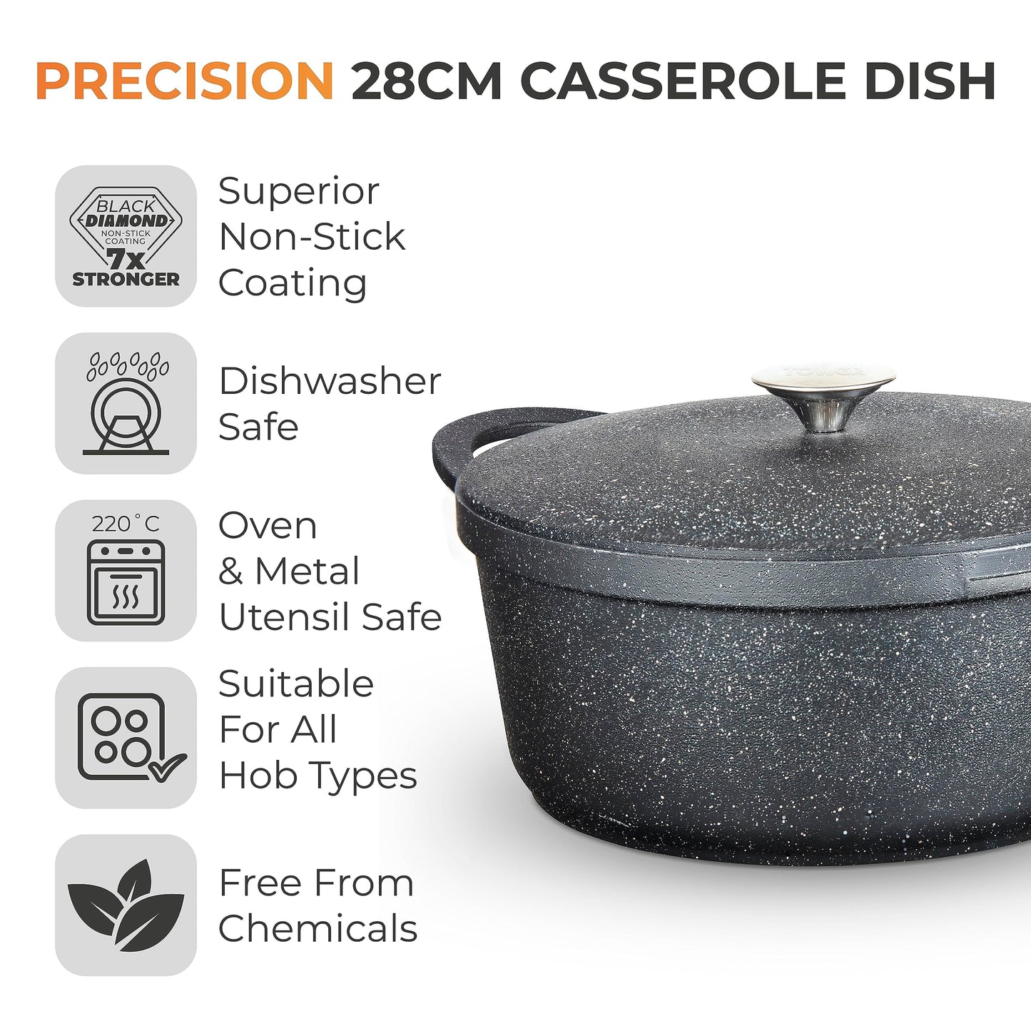 Tower T900192 Precision Casserole Dish with Aluminium Lid, Lightweight Cast Aluminium, 28cm, Black
