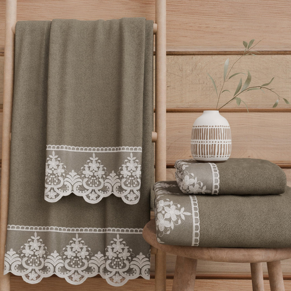 PETTI Artigiani Italiani - 100% Cotton Terry Bath Towels, 1+1 Towel Set, 2 Pieces 1 Face Towel and 1 Hand Towel, Mud