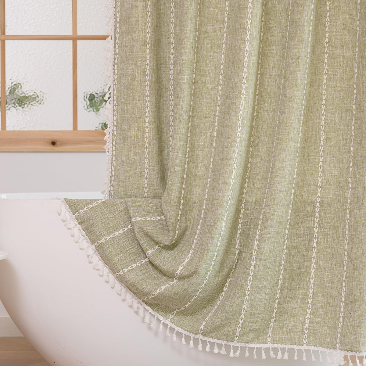 Plenmor Shower Curtain for Bathroom Heavy Weight Fabric Cotton Shower Curtain with Hooks Waterproof Stripe Bathtub Boho Curtain (Sage Green, W 70.9" x