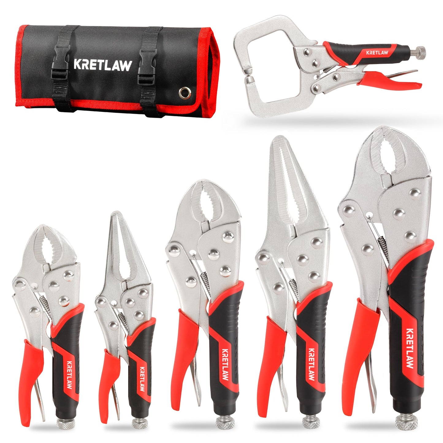 KRETLAW Locking Pliers Set 6PCs, Mole Grips Adjustable Wrench Vice Grips Pliers, 6-1/2?&9-1/2? Long Nose, 5?, 7? and 10? Curved Jaw, 6? C-clamp