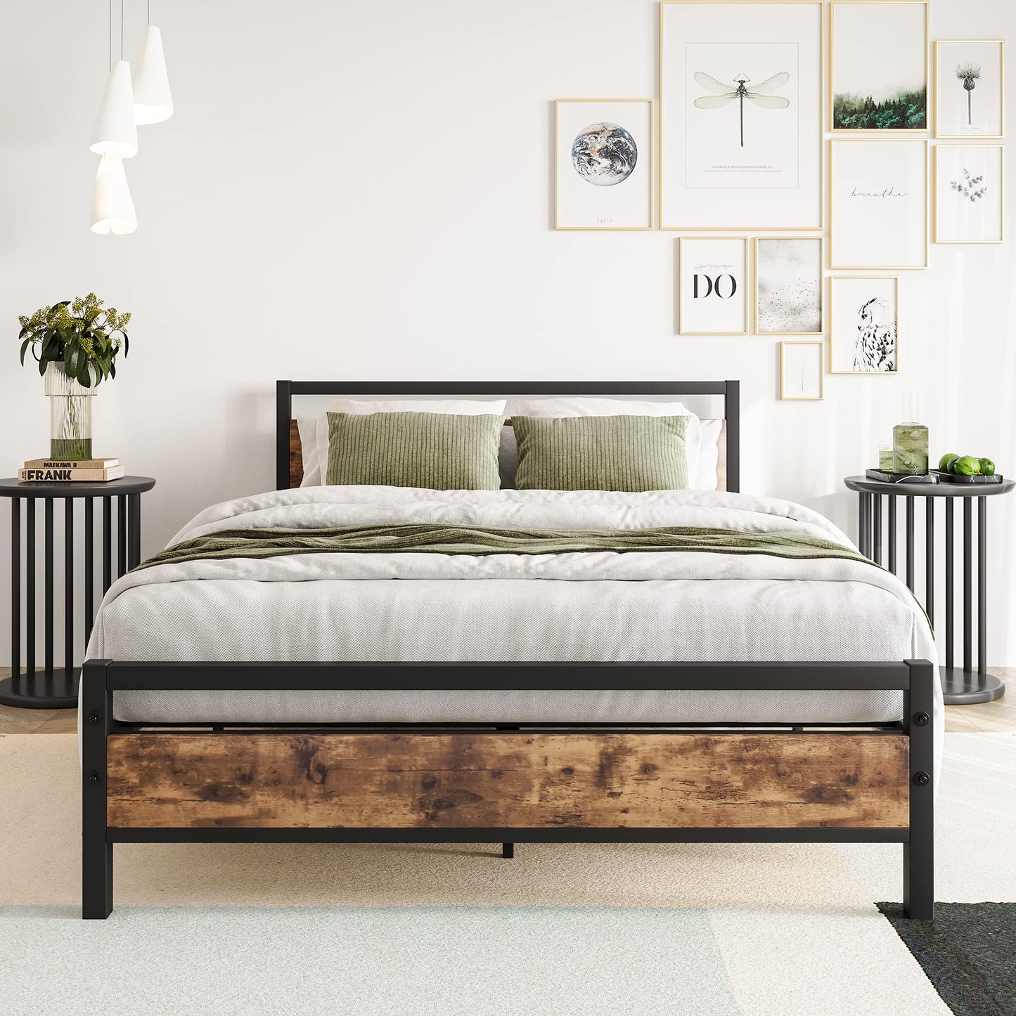 BOFENG Double Bed Frames with Wood Headboard,Heavy Duty Metal Platform Bed Frame Double Bed No Box Spring Needed,Mattress Base/Under Bed