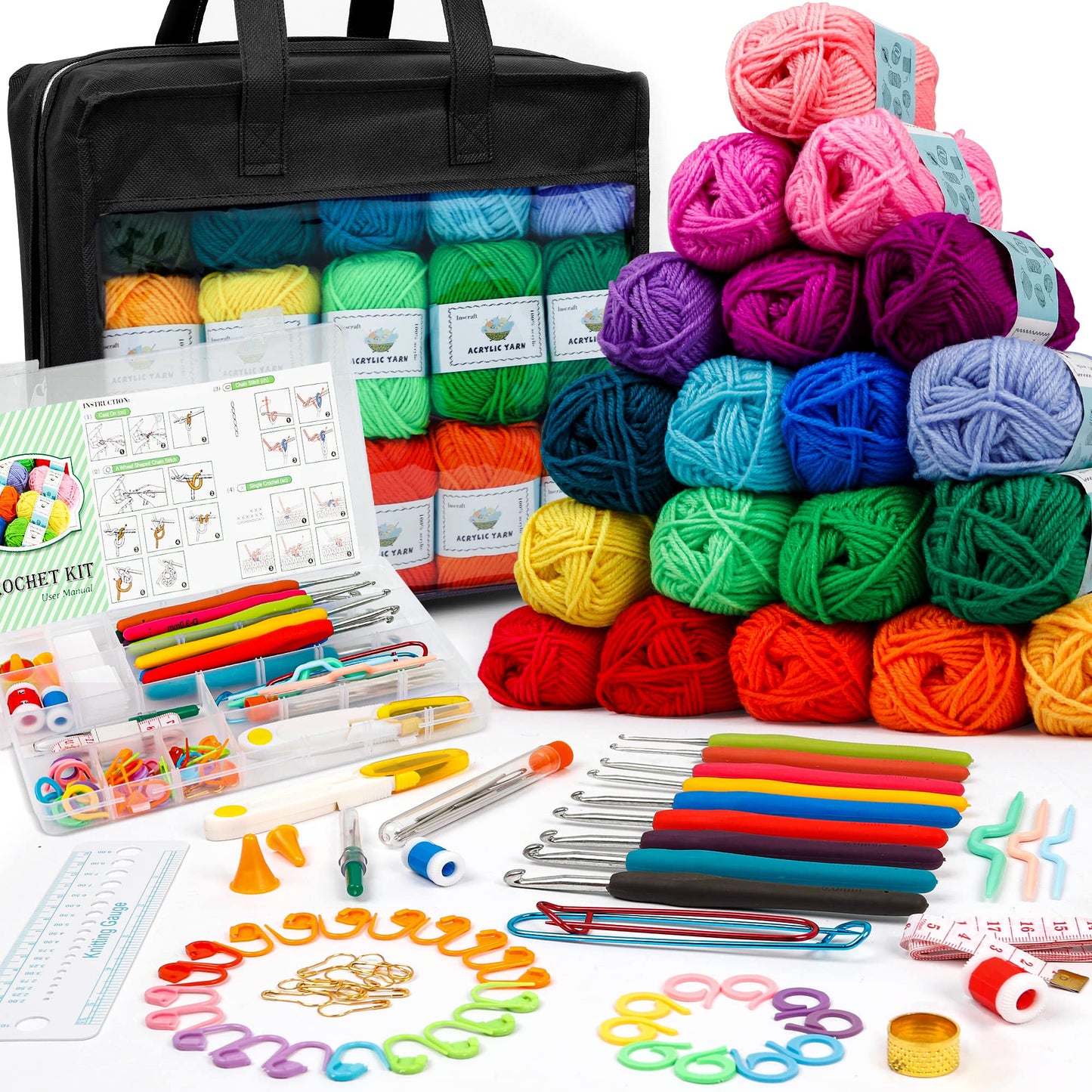 Inscraft Crochet Yarns Kit for Beginners Adults, 30 Acrylic Yarns Set for Crocheting, 1650 Yards Knitting Yarn Bag Kit, 73PCS Crochet Accessories Set