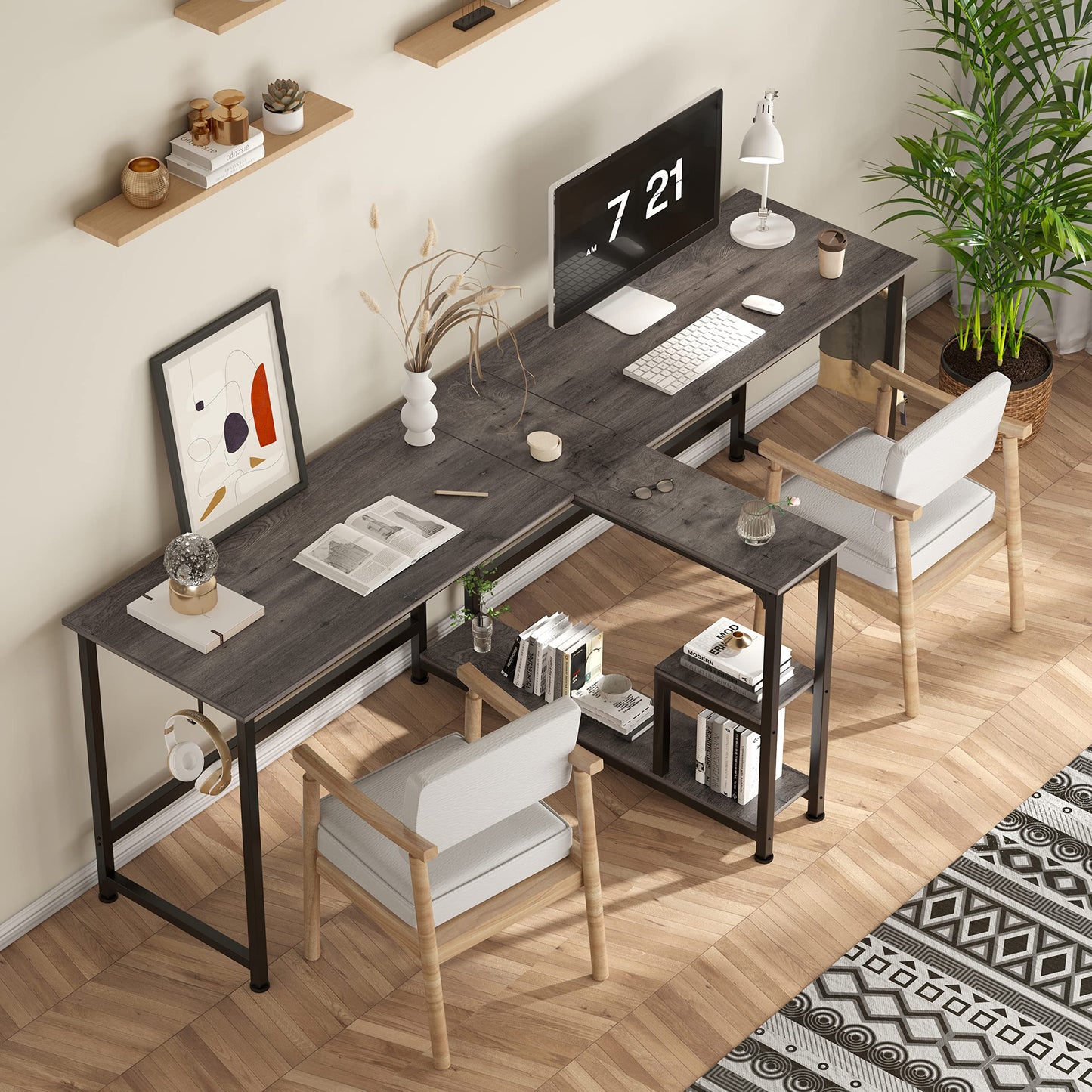 CAIYUN 83.7" Two Person Desk, Computer Desk with Storage Shelves, Office Desk with Monitor Stand, Long desks for Home Office, GreyOak
